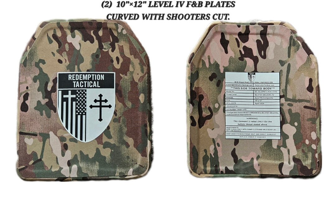 Redemption Tactical RT Crusader 2.0 lightweight Level IV front and back armor plates in 10x12 size, part of a full vest kit.