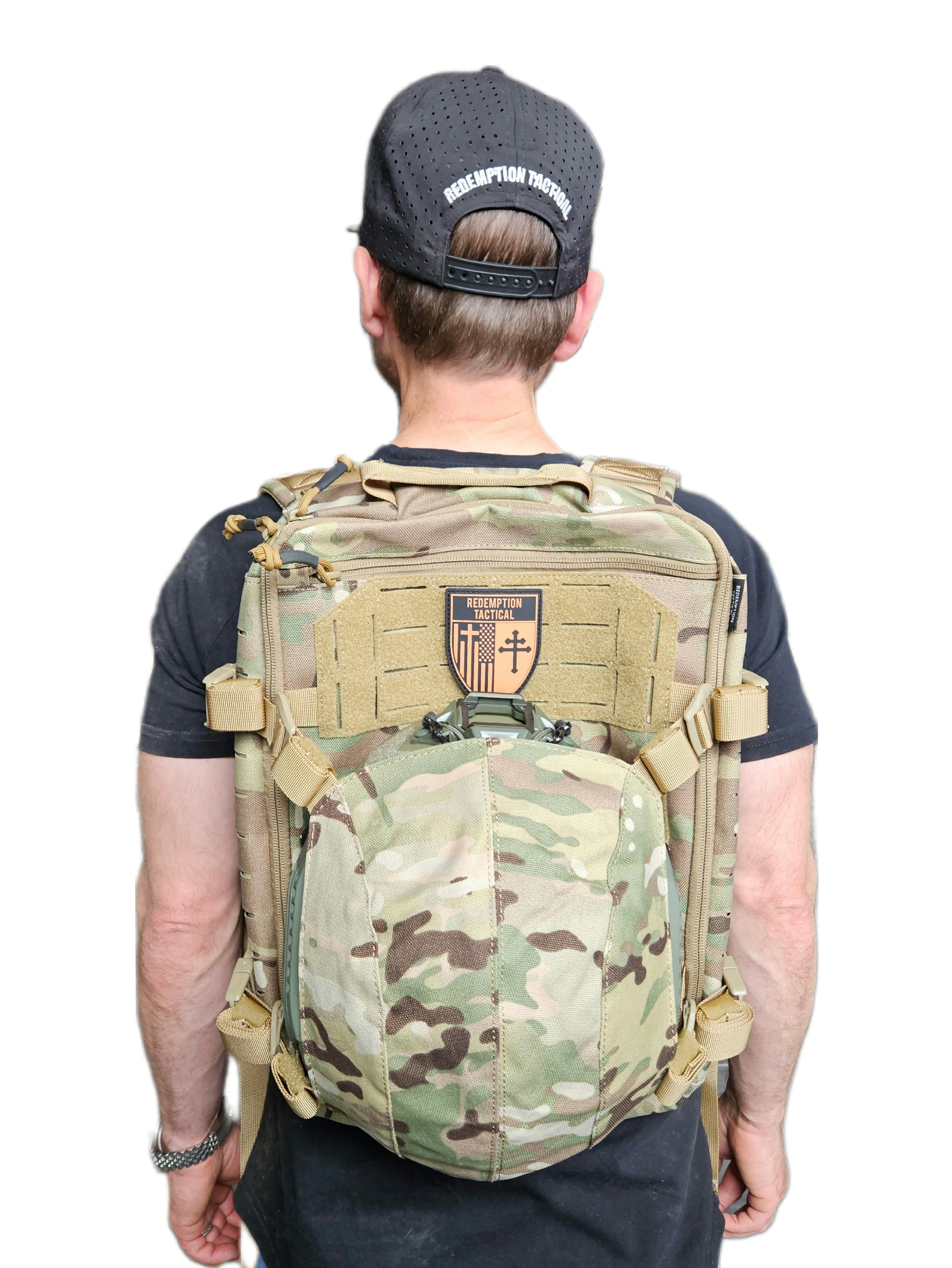 Redemption Tactical Crusader Flatpack Plate Carrier Bag in tactical black with adjustable straps and multiple compartments.