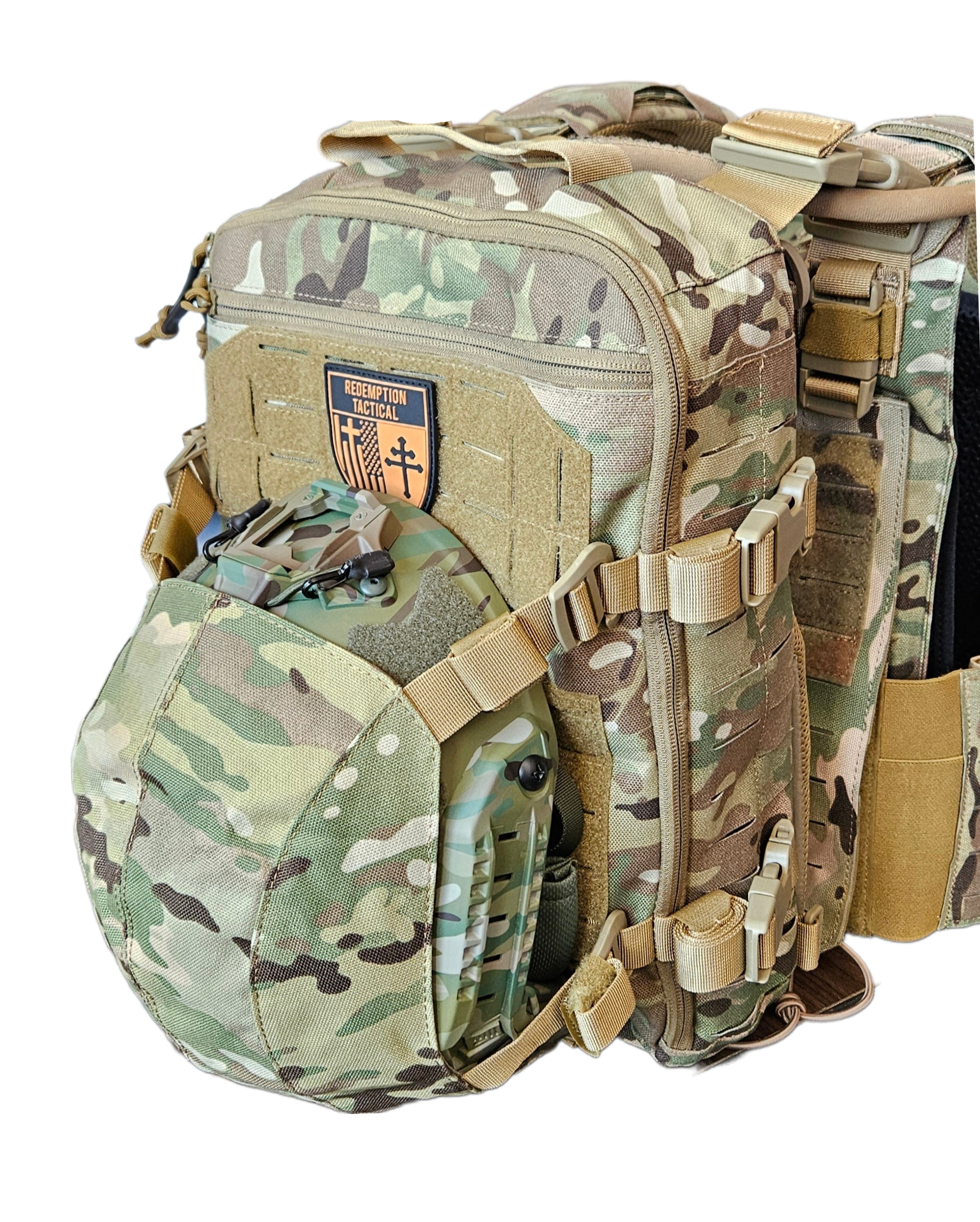 Redemption Tactical® Crusader Flatpack Plate Carrier Bag in black, showcasing adjustable straps and multiple storage compartments.