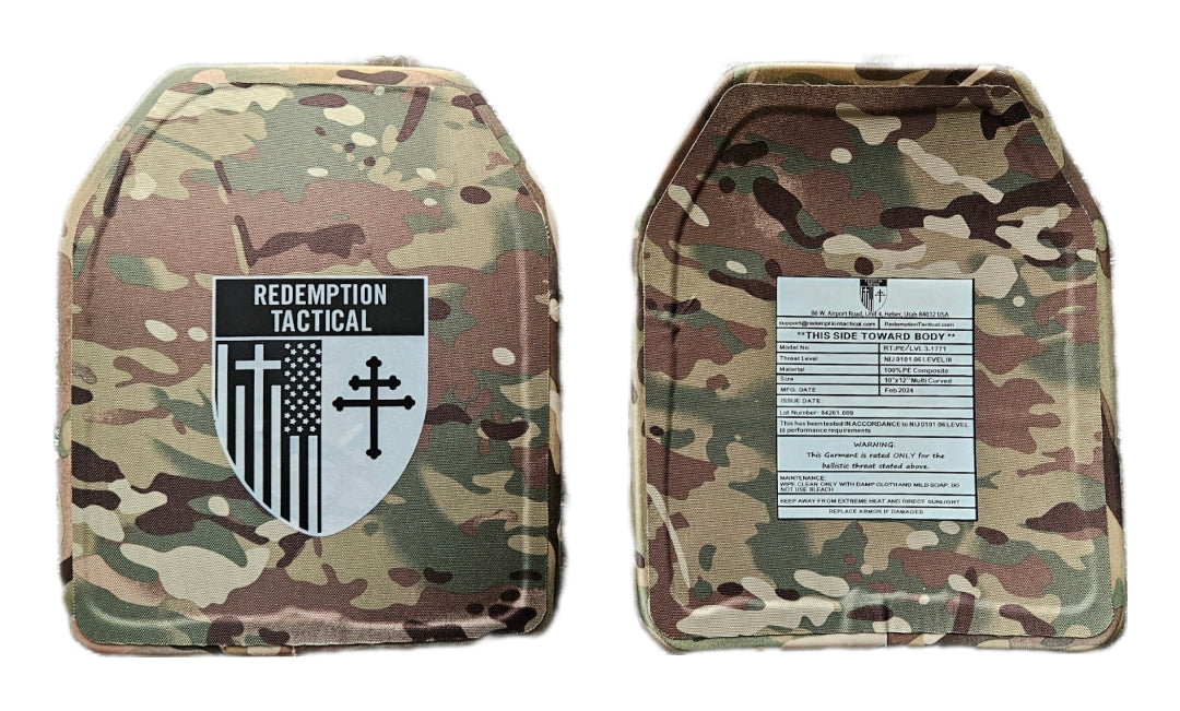 Redemption Tactical Double Multi-Curve Level IV ballistic female plates, 10x12 inches, installed in tactical vest for protection.