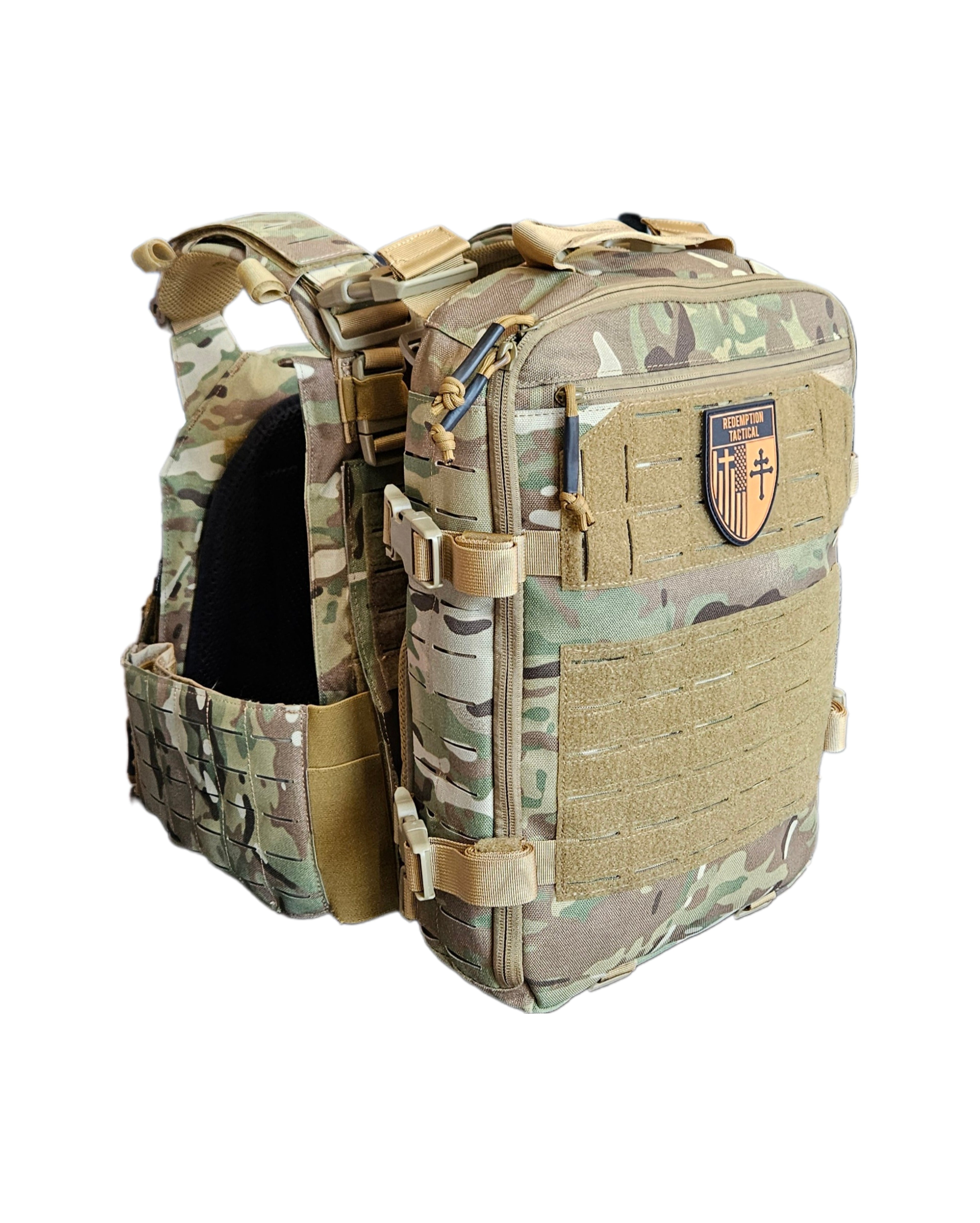 Redemption Tactical® Crusader Flatpack Plate Carrier Bag in green, showcasing adjustable straps and spacious compartments.