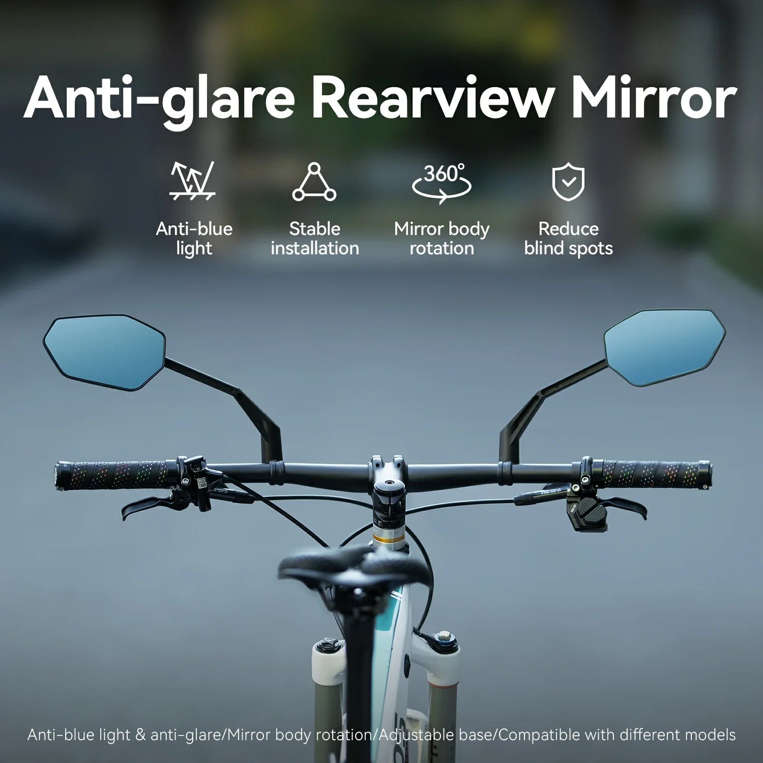 ROCKBROS-US adjustable handlebar bike rearview mirror with anti-glare glass, showing the mirror mounted on a bicycle handlebar.