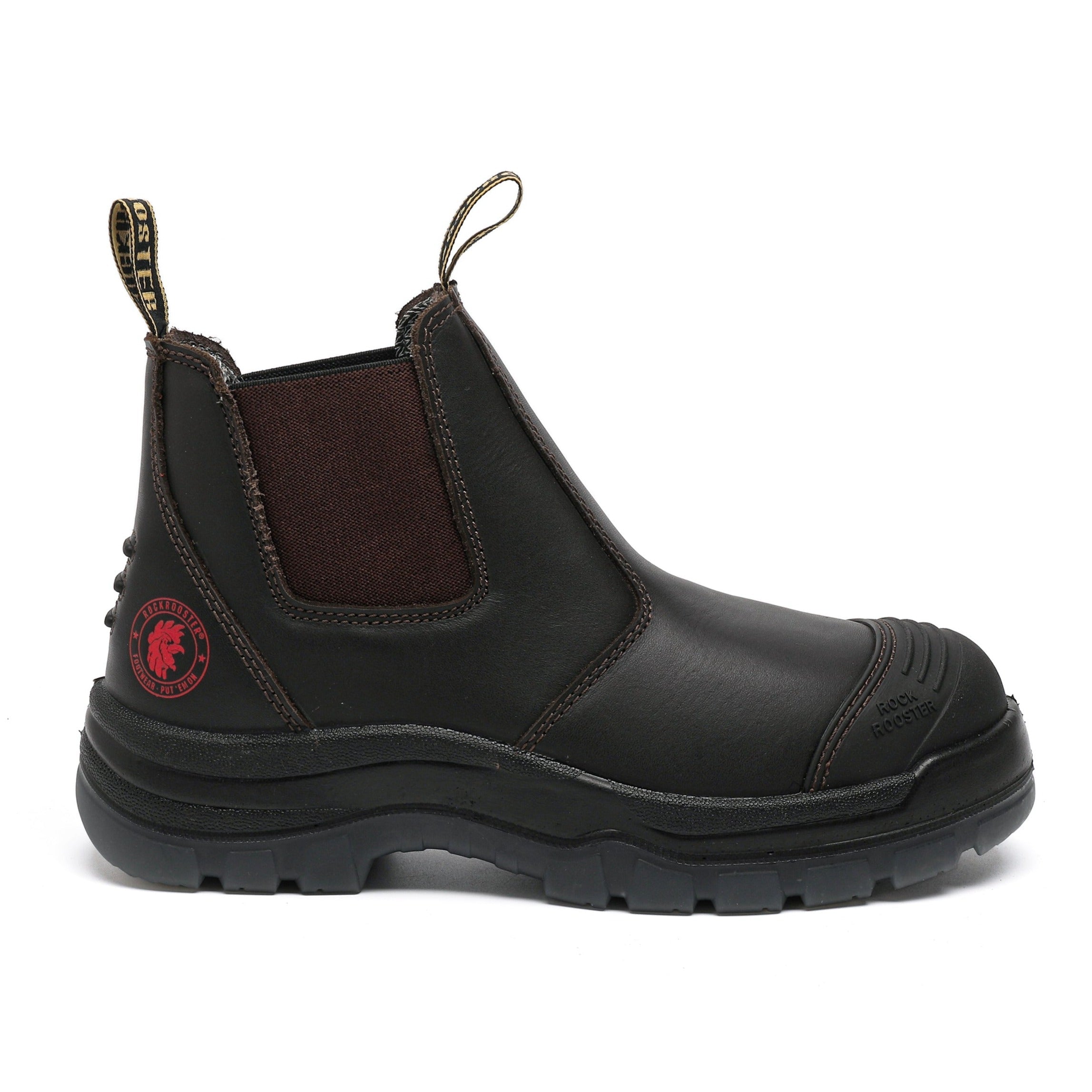 Dark brown Rock Rooster Bakken 6-inch pull-on leather work boots with rugged design and sturdy soles.