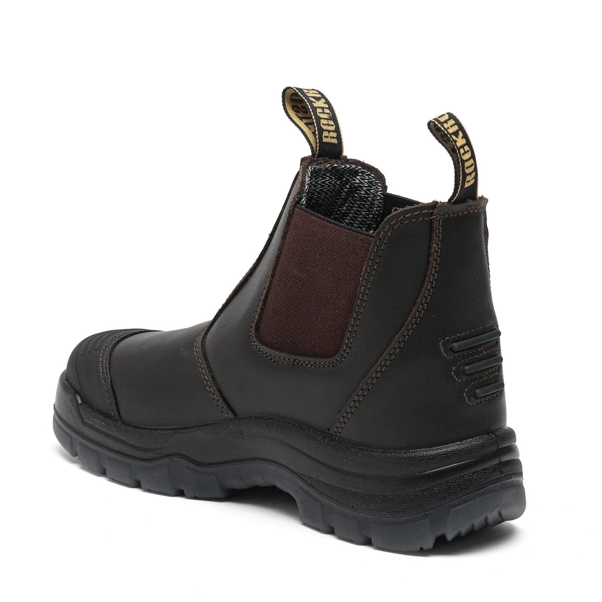Dark brown ROCKROOSTER Bakken 6-inch pull-on leather work boots with sturdy design and reinforced toe for durable workwear.
