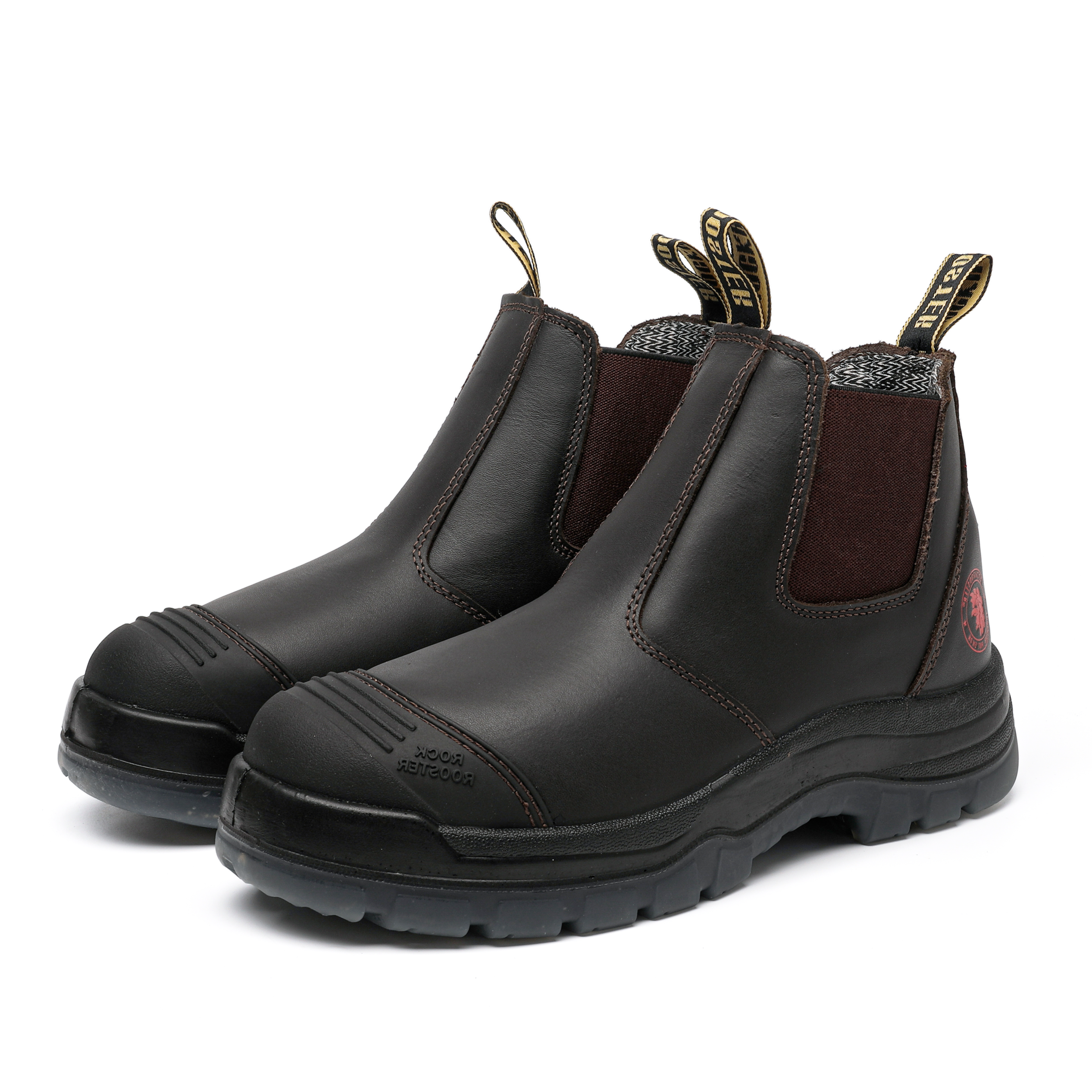 Dark brown ROCKROOSTER Bakken 6-inch pull-on leather work boots with sturdy construction and rugged design.
