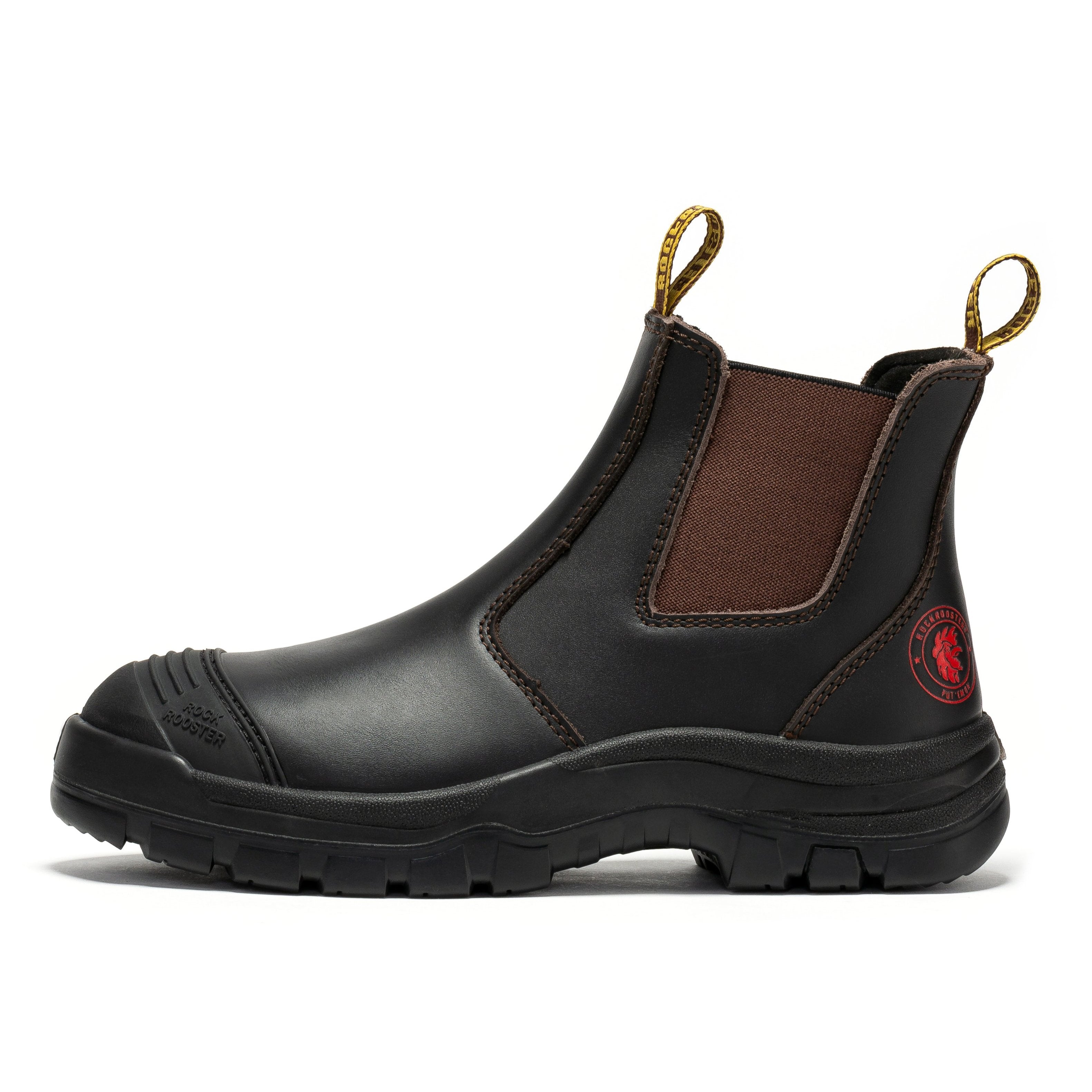 Dark brown Rock Rooster Bakken 6-inch pull-on leather work boots with rugged design and sturdy soles.
