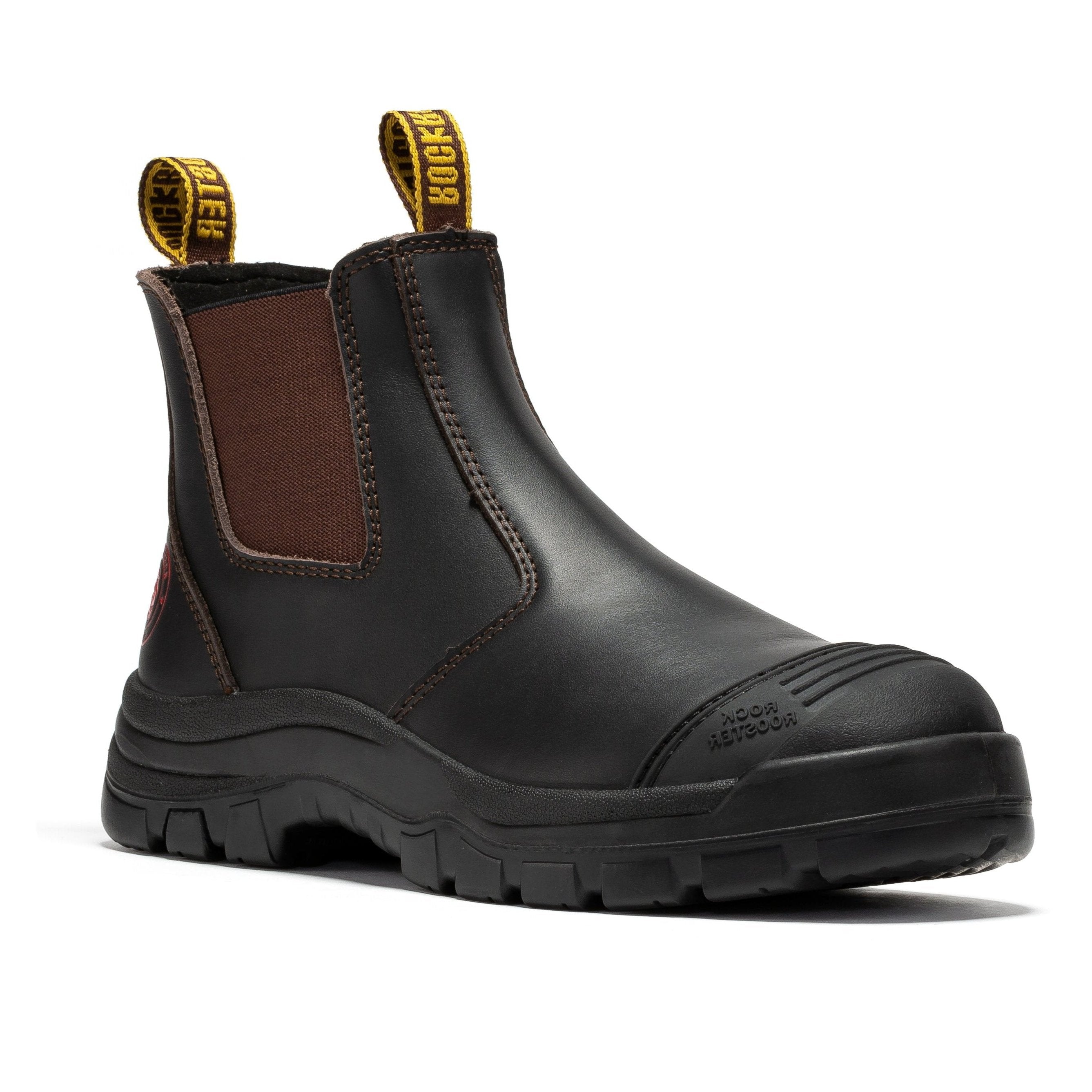 Dark brown Rock Rooster Bakken 6-inch pull-on leather work boots with rugged design and sturdy soles.