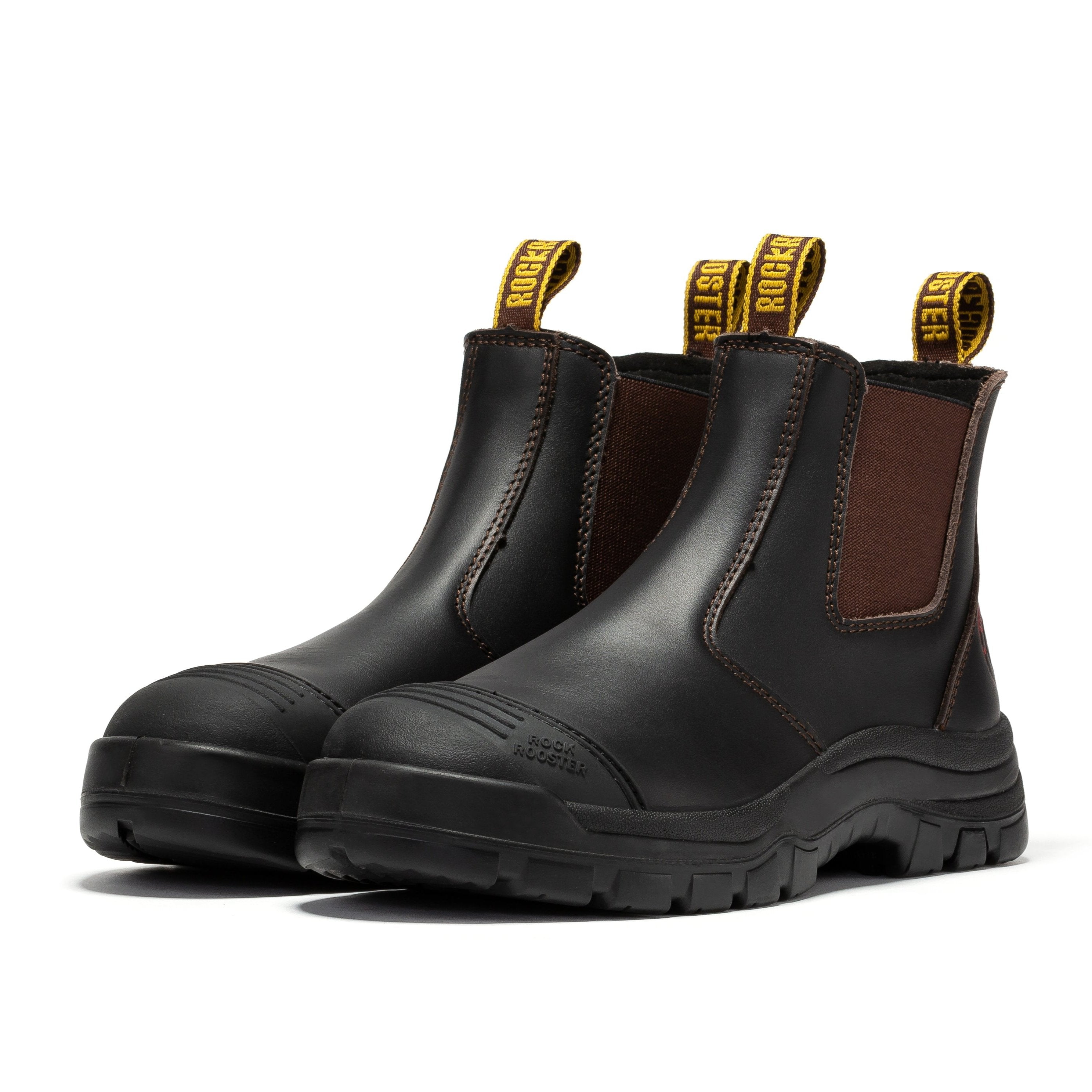 Dark brown Rock Rooster Bakken 6-inch pull-on leather work boots with rugged design and sturdy soles.