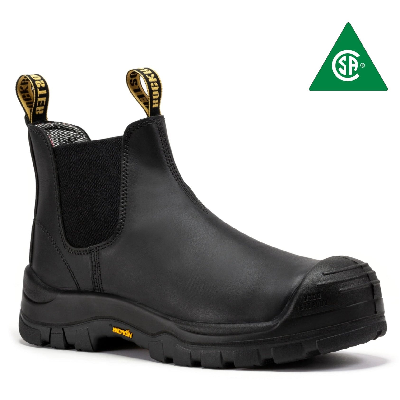 Black leather work boots for men with composite toe, 6-inch pull-on design by ROCKROOSTER Beaufort work boots.