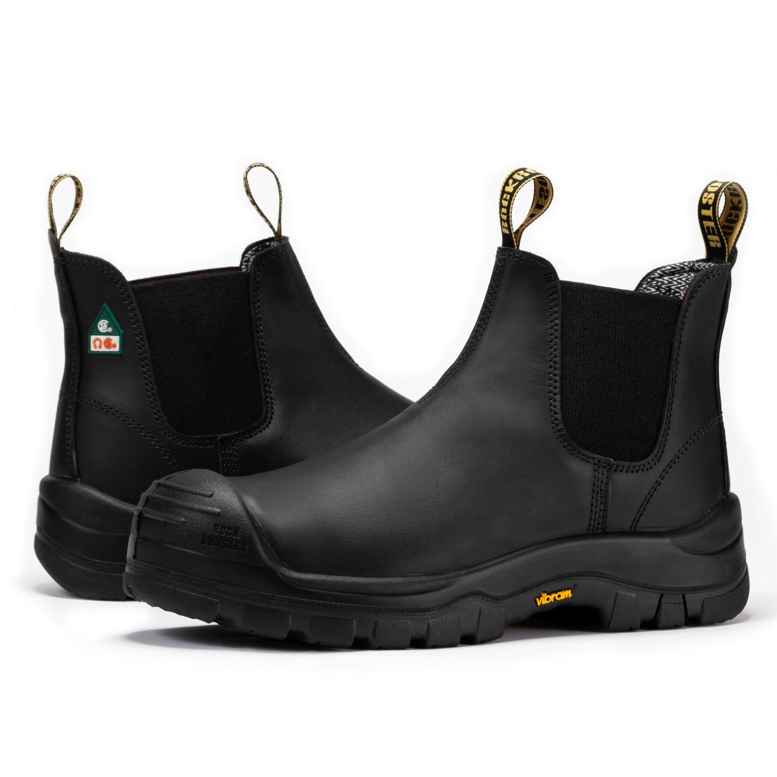 Black leather work boots for men with composite toe, 6-inch pull-on design, from ROCKROOSTER Beaufort series.