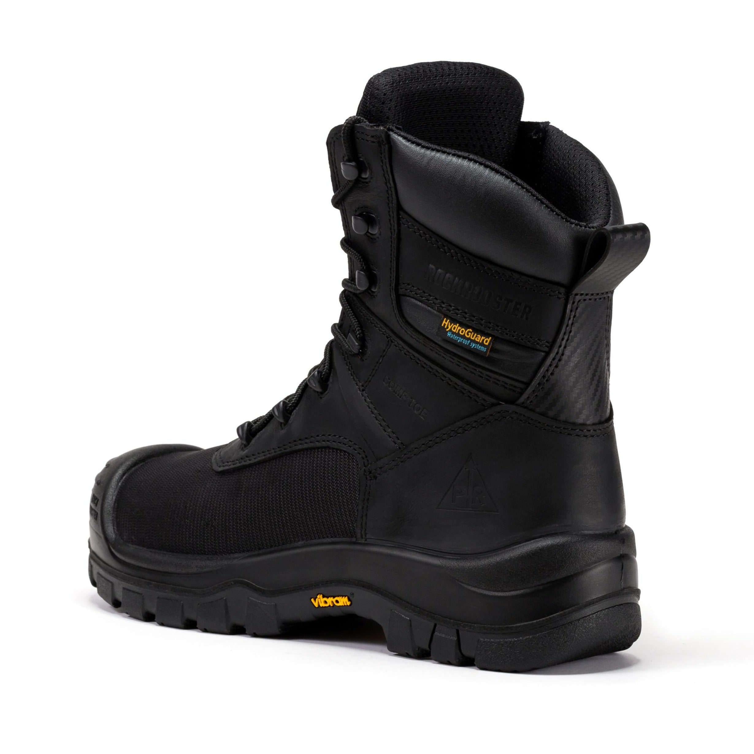 Black ROCKROOSTER Beaufort men's 8-inch waterproof composite toe work boots showing rugged leather upper and sturdy sole.