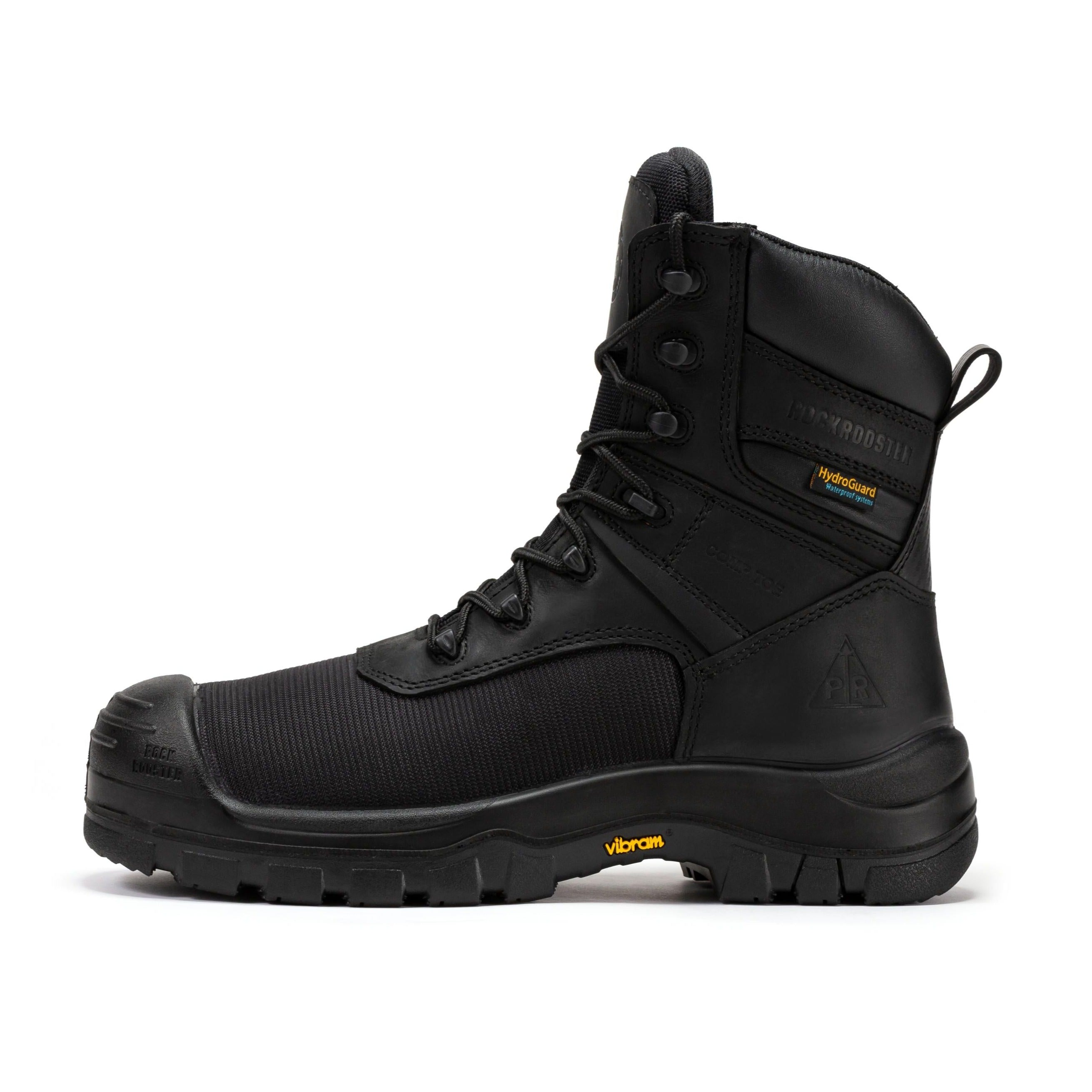 Black ROCKROOSTER Beaufort men's 8-inch waterproof work boots with composite toe, rugged leather upper and sturdy sole.