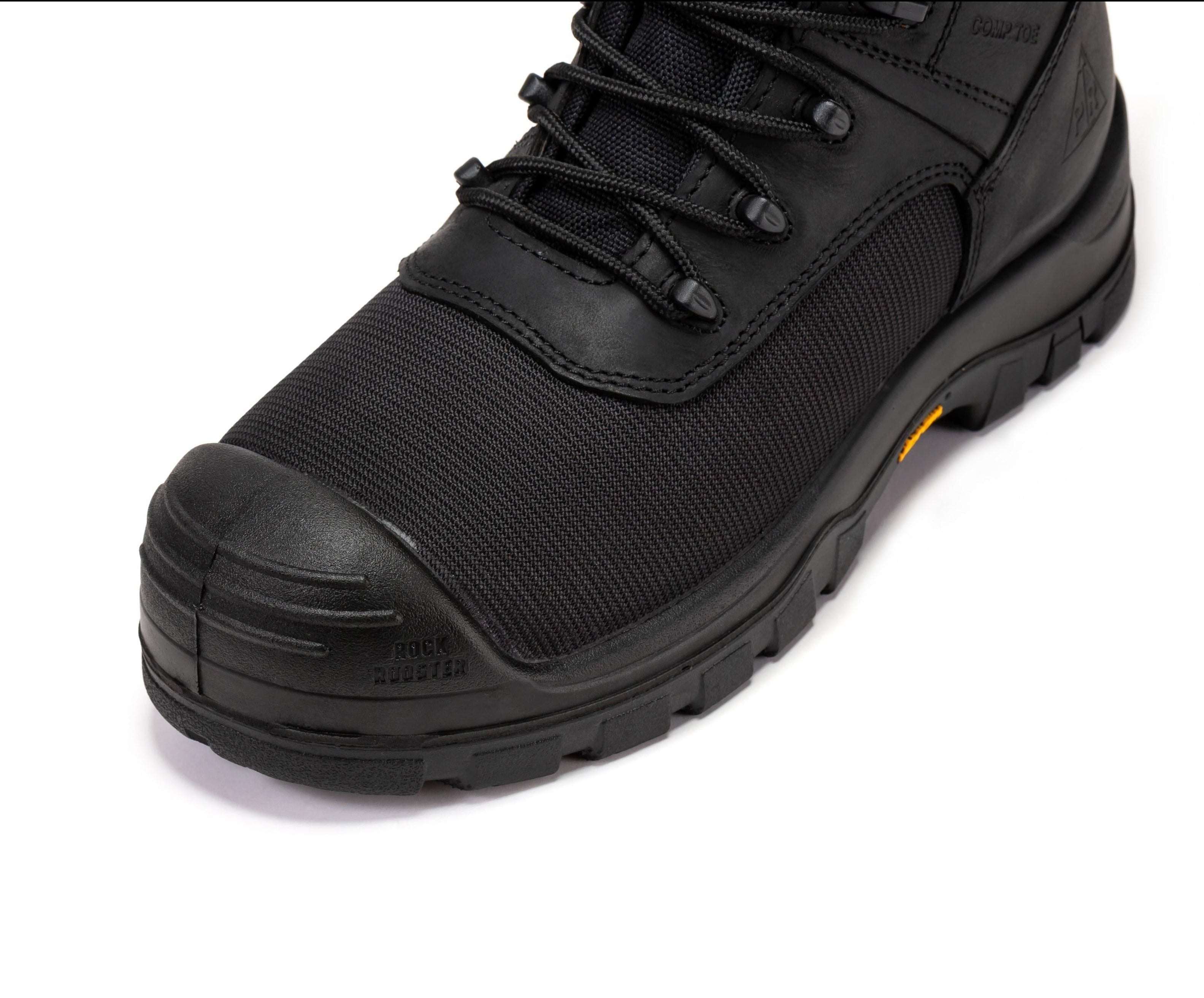 Black ROCKROOSTER Beaufort men's 8-inch waterproof work boots with composite toe, rugged leather design and sturdy sole.