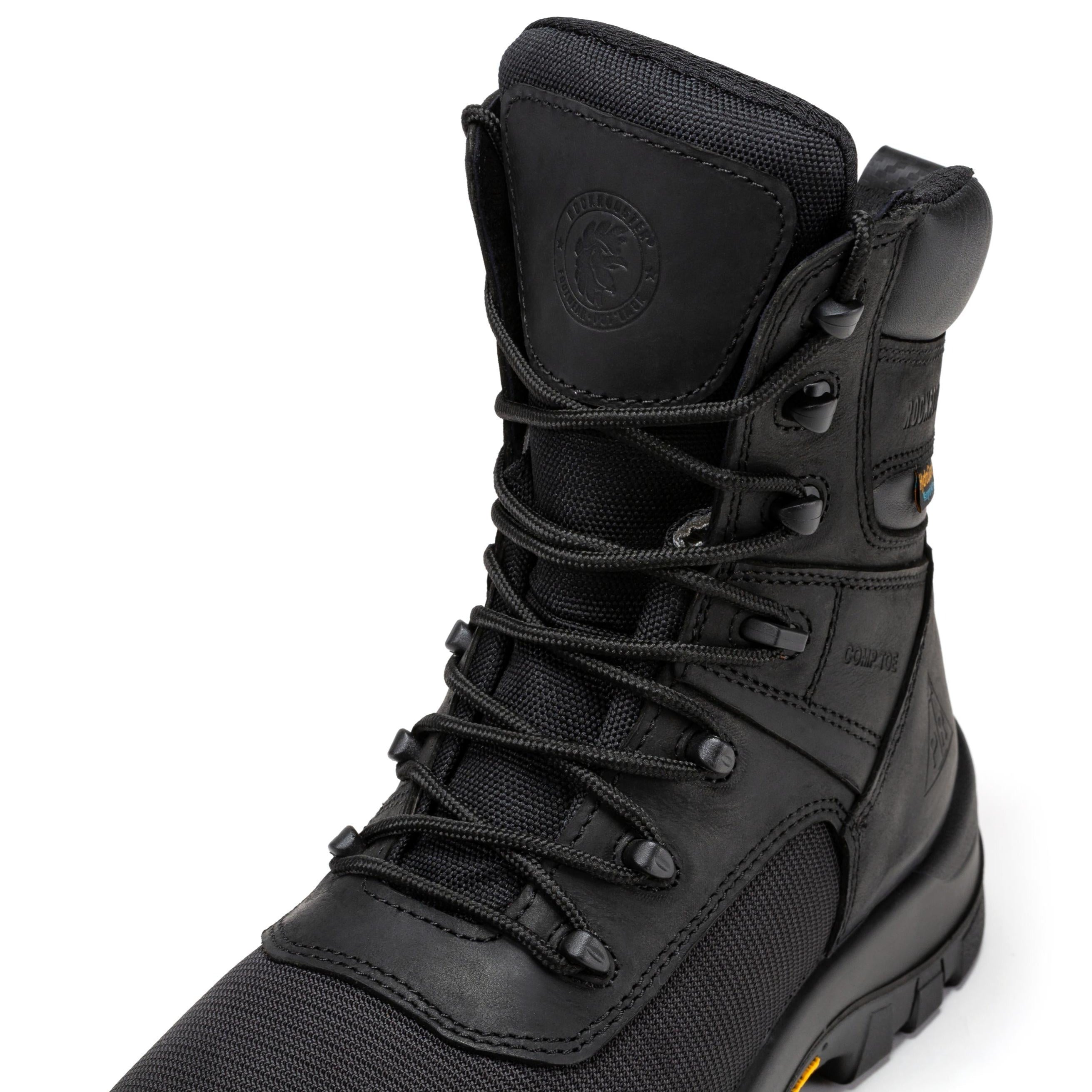 Black ROCKROOSTER Beaufort men's 8-inch waterproof work boots with composite toe, durable leather and sturdy sole.