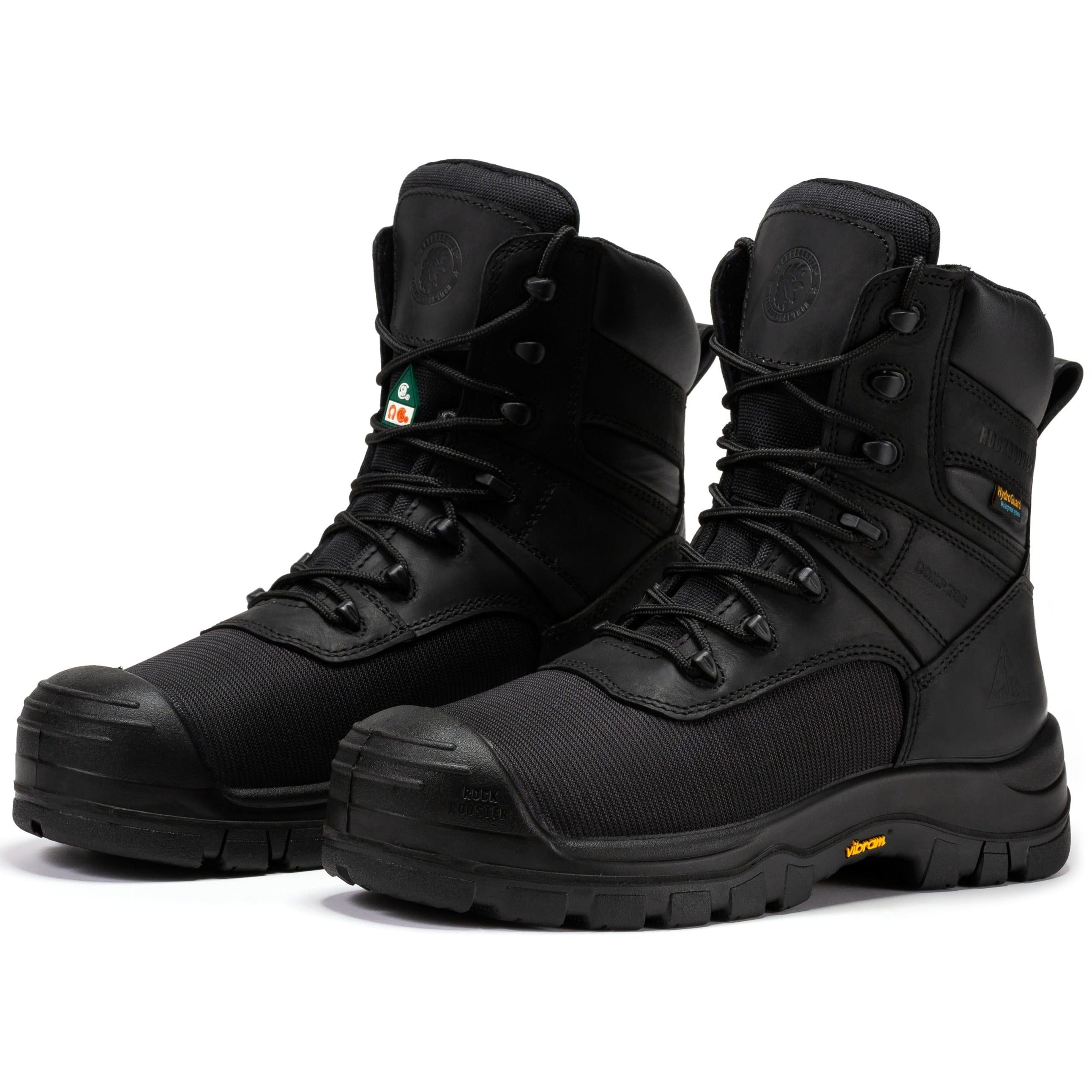 Black ROCKROOSTER Beaufort men's 8-inch waterproof work boots with composite toe, rugged design and sturdy sole.