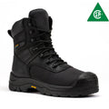 Black ROCKROOSTER Beaufort men's 8-inch waterproof work boots with composite toe, rugged leather design, and sturdy sole.