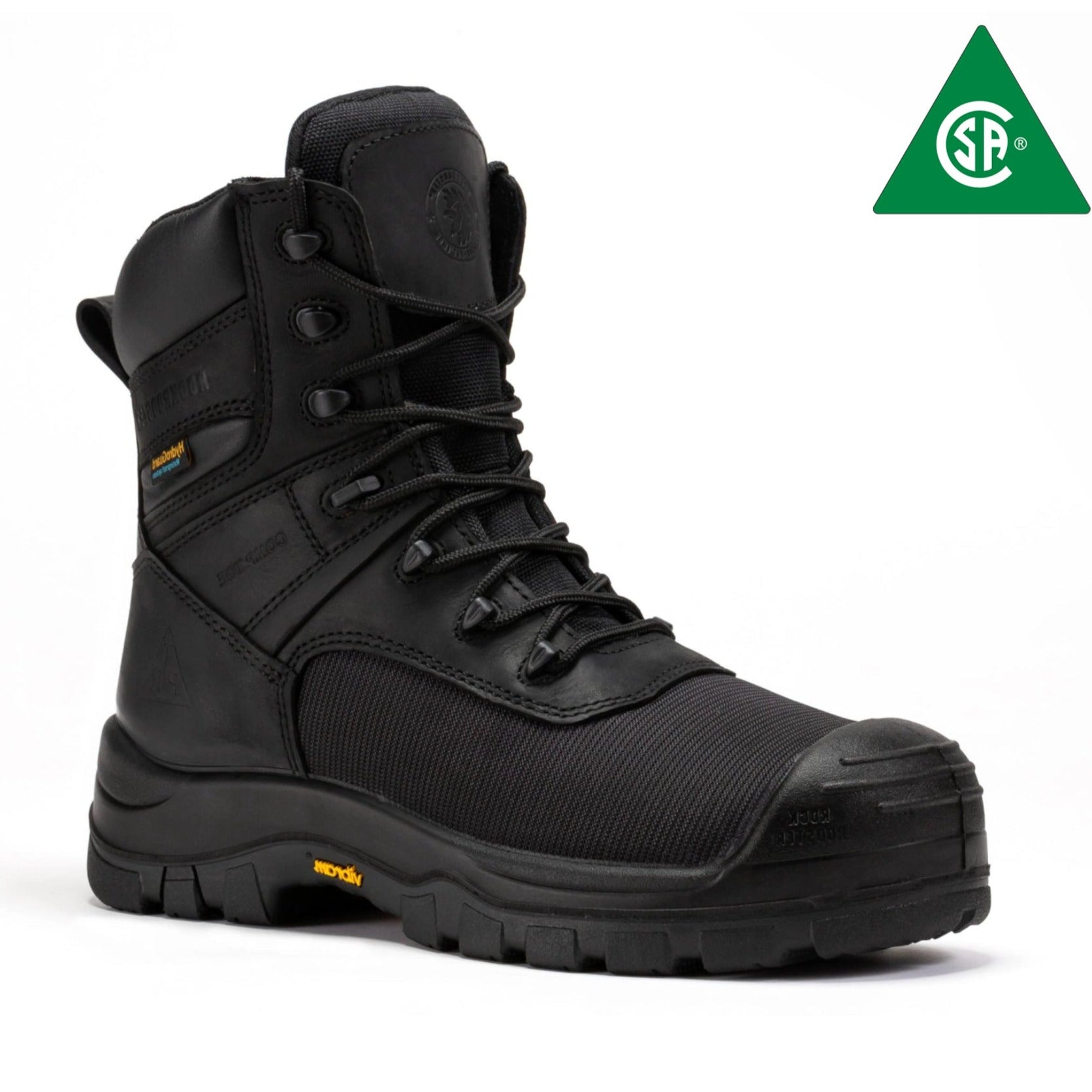 Black ROCKROOSTER Beaufort men's 8-inch waterproof work boots with composite toe, rugged leather design, and sturdy sole.