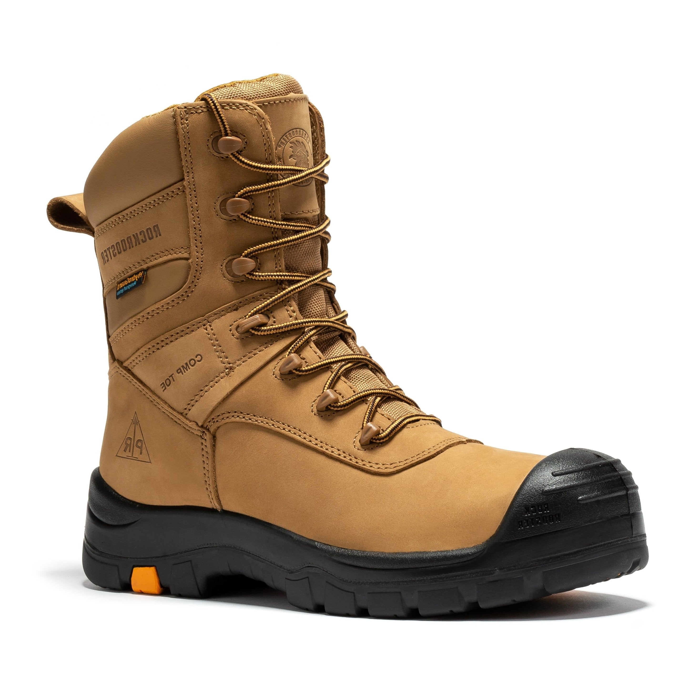 Rockrooster Beaufort men's brown 8-inch waterproof work boots with composite toe, rugged leather and sturdy sole for safety and durability.