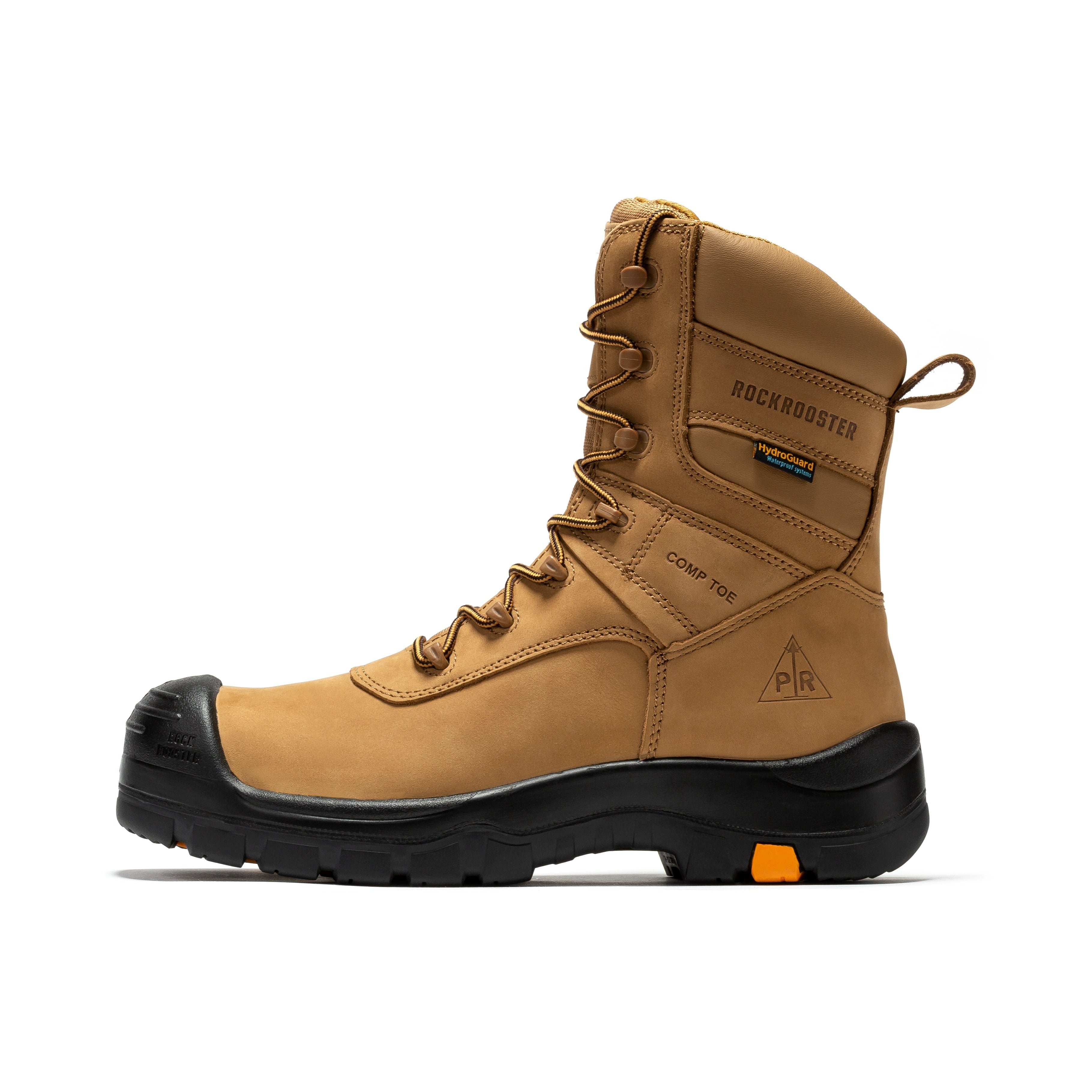 Rockrooster Beaufort men's brown 8-inch waterproof work boots with composite toe and rugged design.