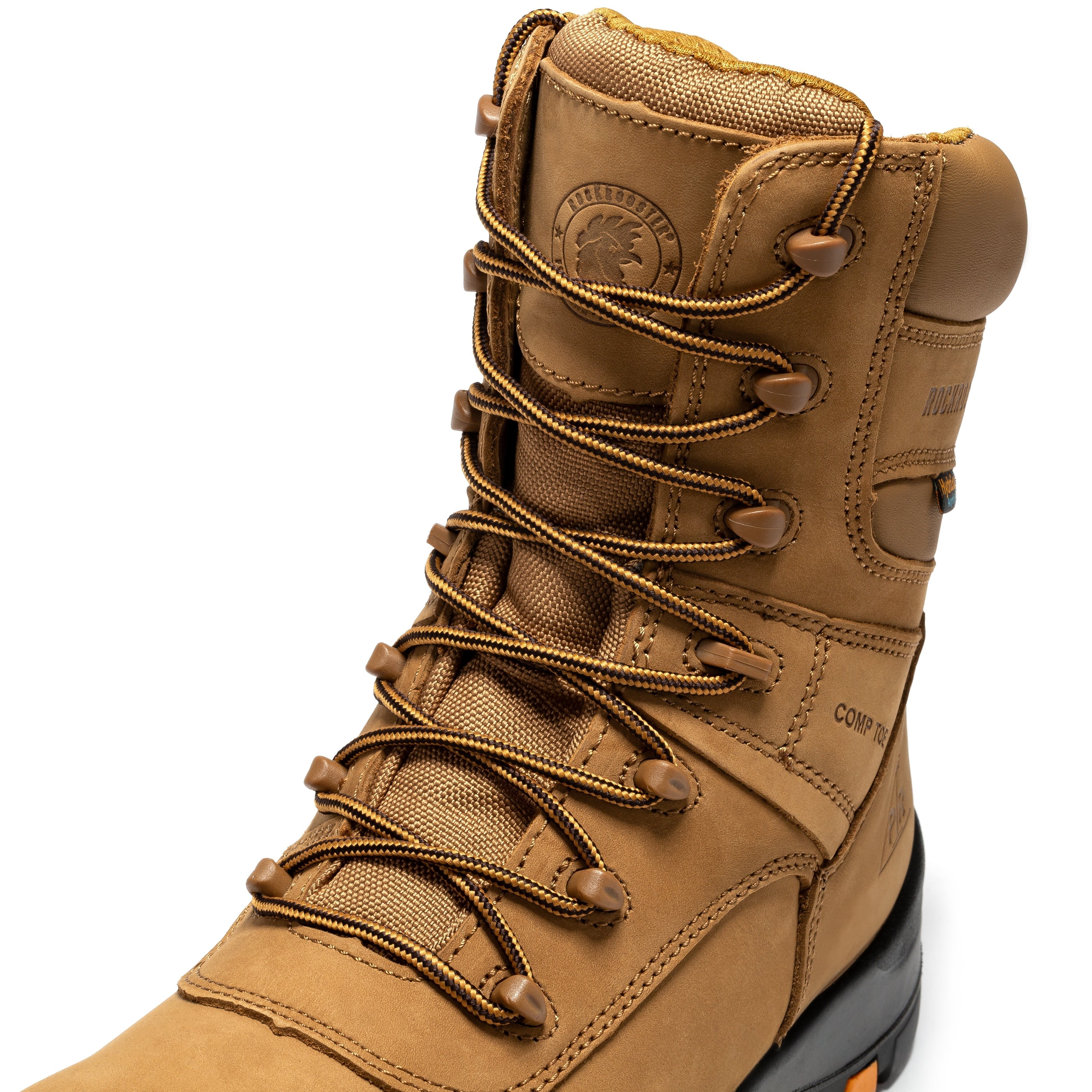 Brown Rock Rooster Beaufort men's 8-inch waterproof composite toe work boots with rugged leather and sturdy sole.