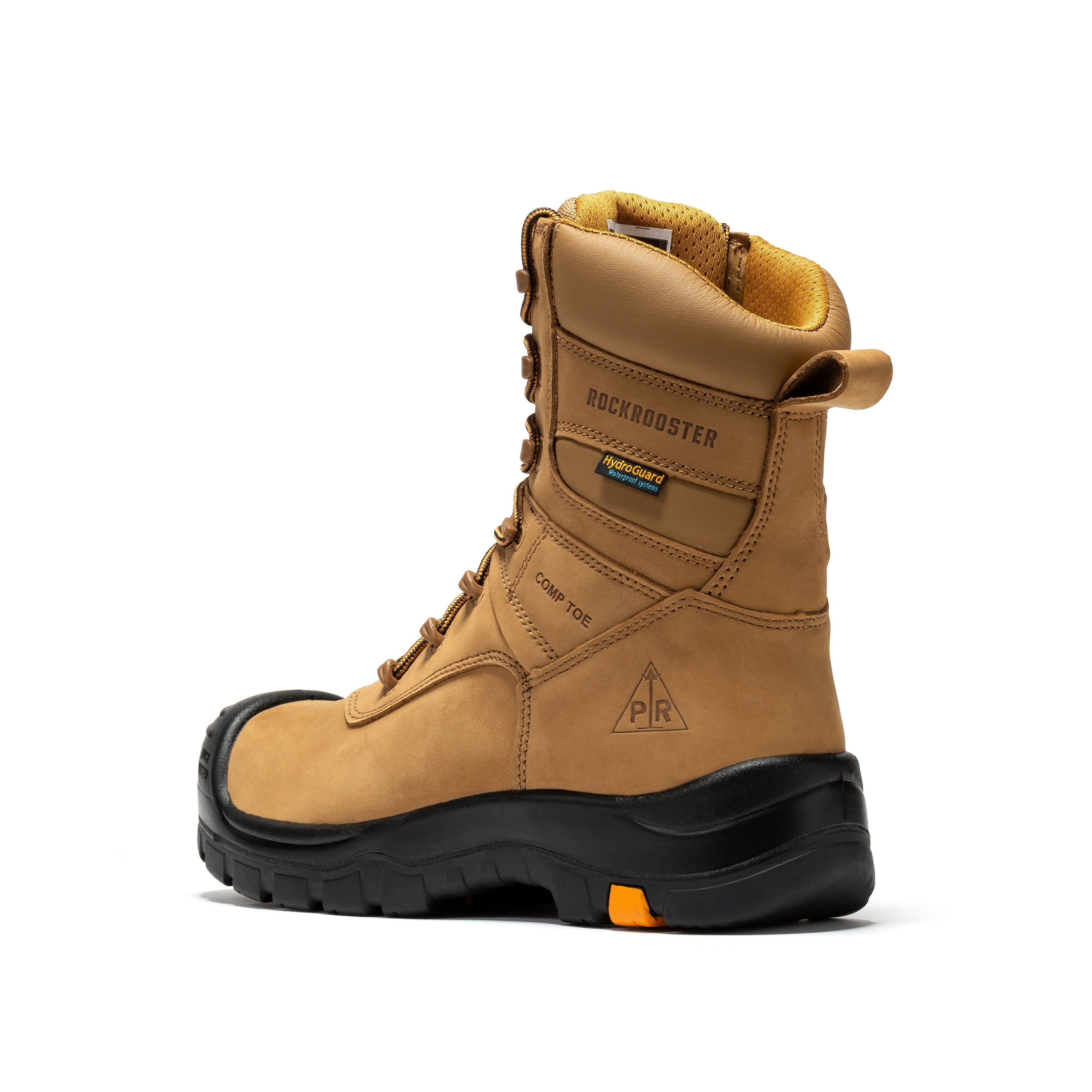 Rock Rooster Beaufort men's brown 8-inch waterproof composite toe work boots with rugged leather and sturdy sole.