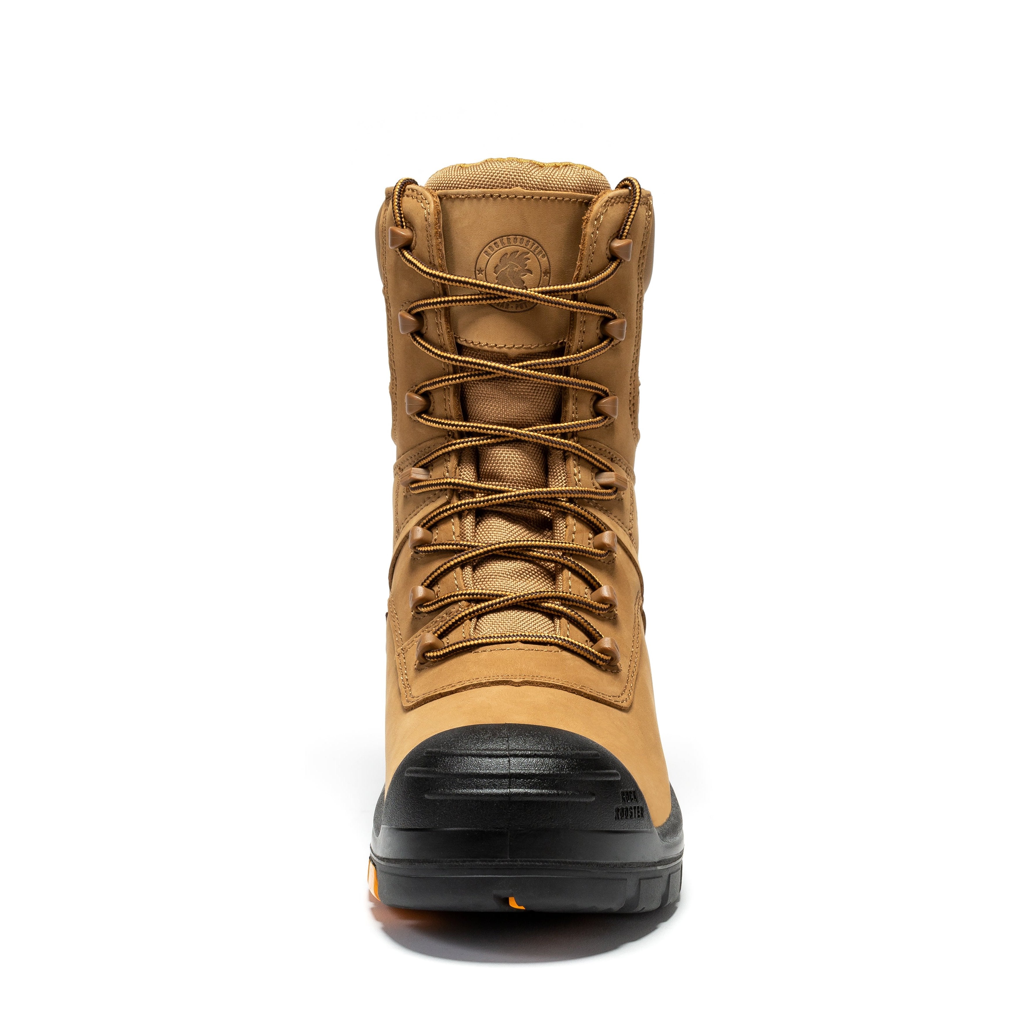 Brown Rock Rooster Beaufort men's 8-inch waterproof composite toe work boots with rugged leather and sturdy sole.