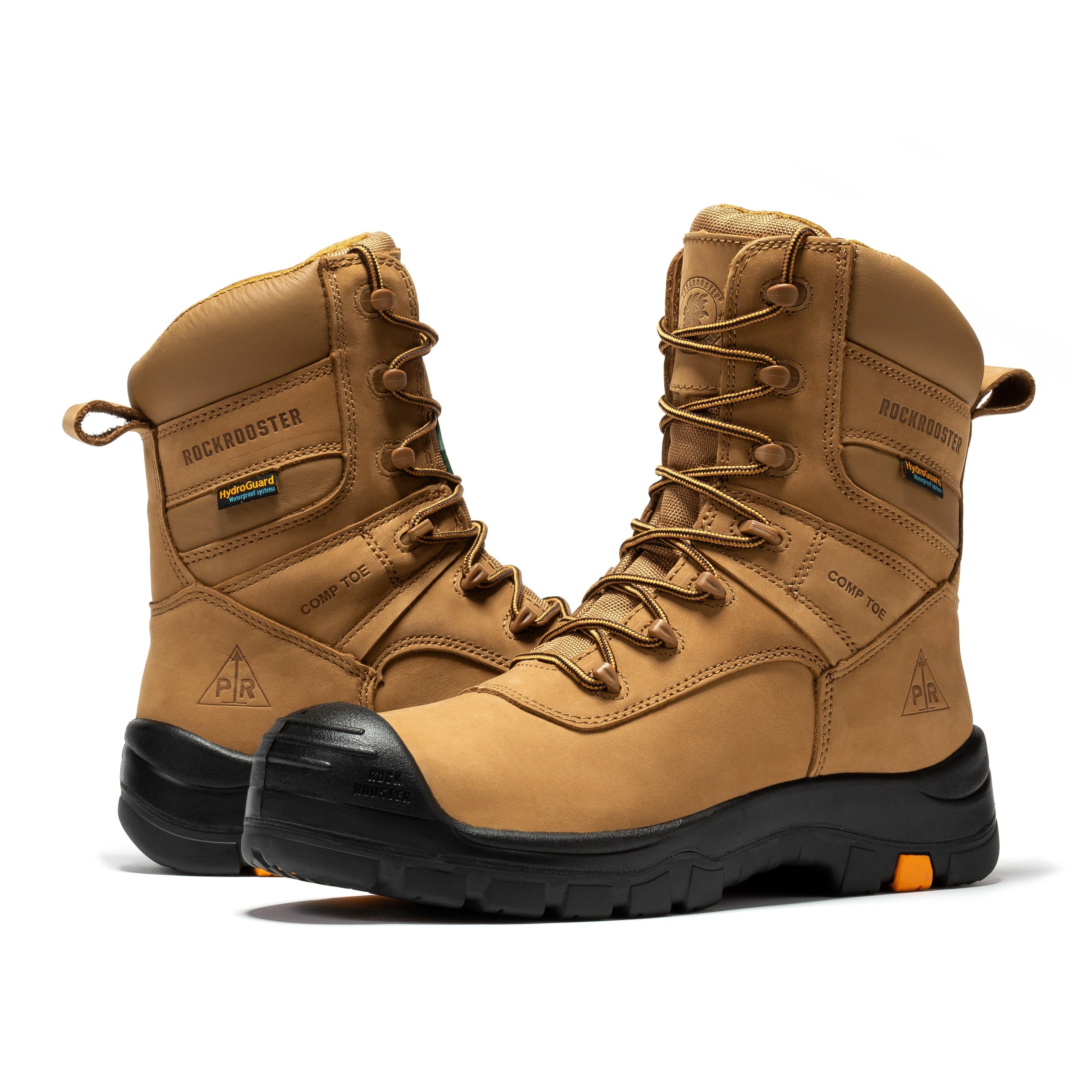 Rock Rooster Beaufort men's brown 8-inch waterproof work boots with composite toe, sturdy leather construction and rugged sole.