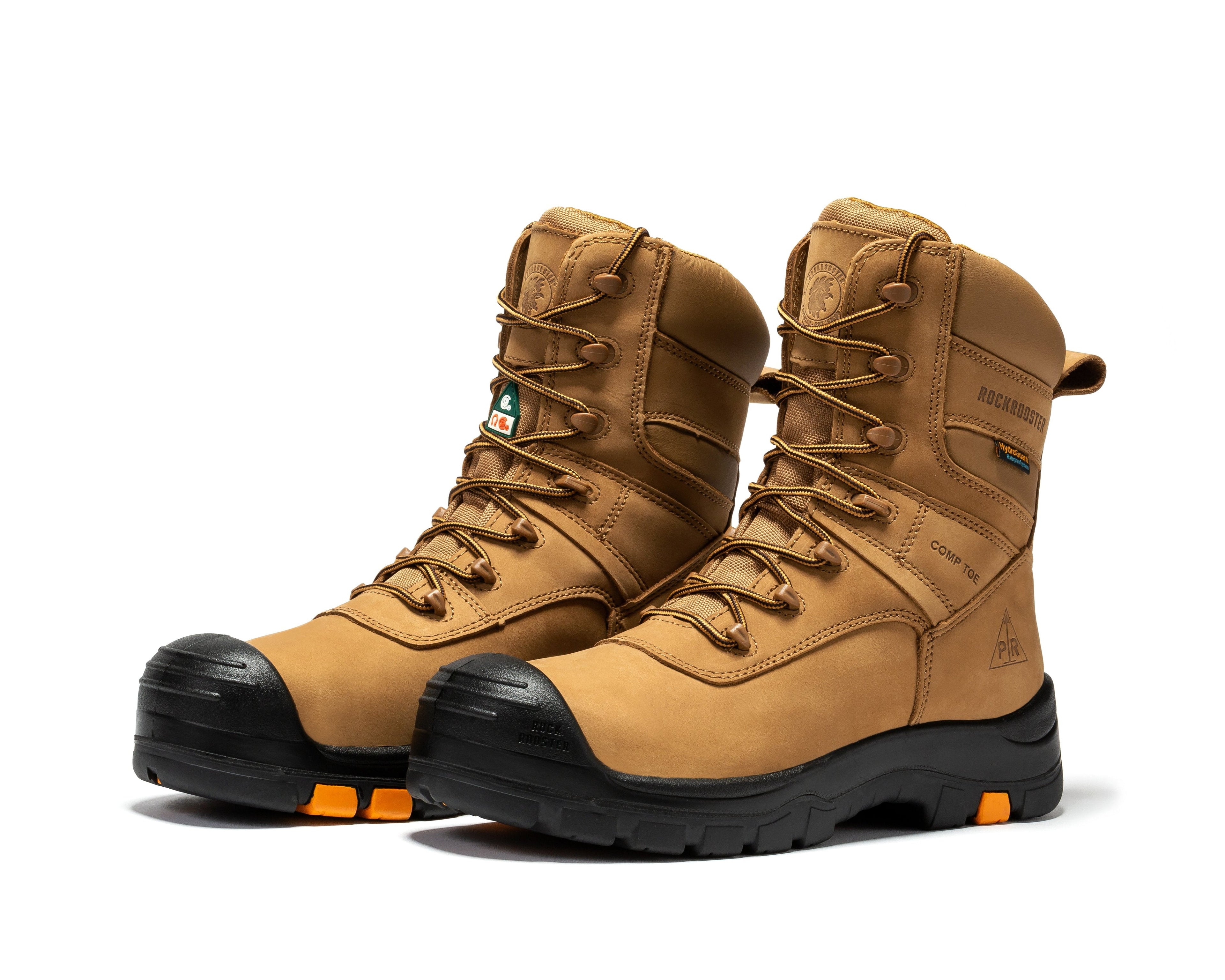 Rock Rooster Beaufort men's brown 8-inch waterproof composite toe work boots showing sturdy leather construction and durable soles.