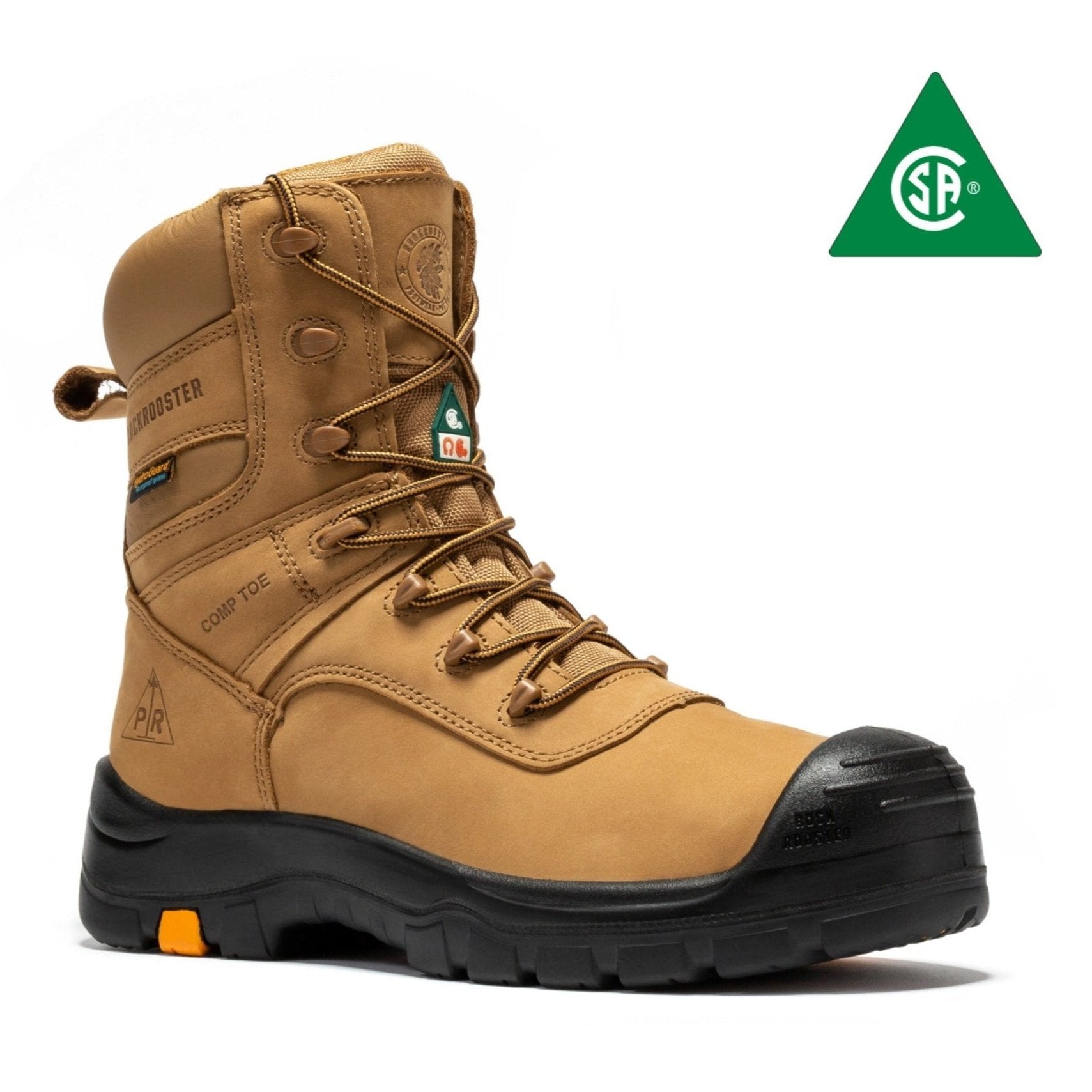 Brown men's Rock Rooster Beaufort 8-inch waterproof work boots with composite toe, rugged leather design, and sturdy soles.