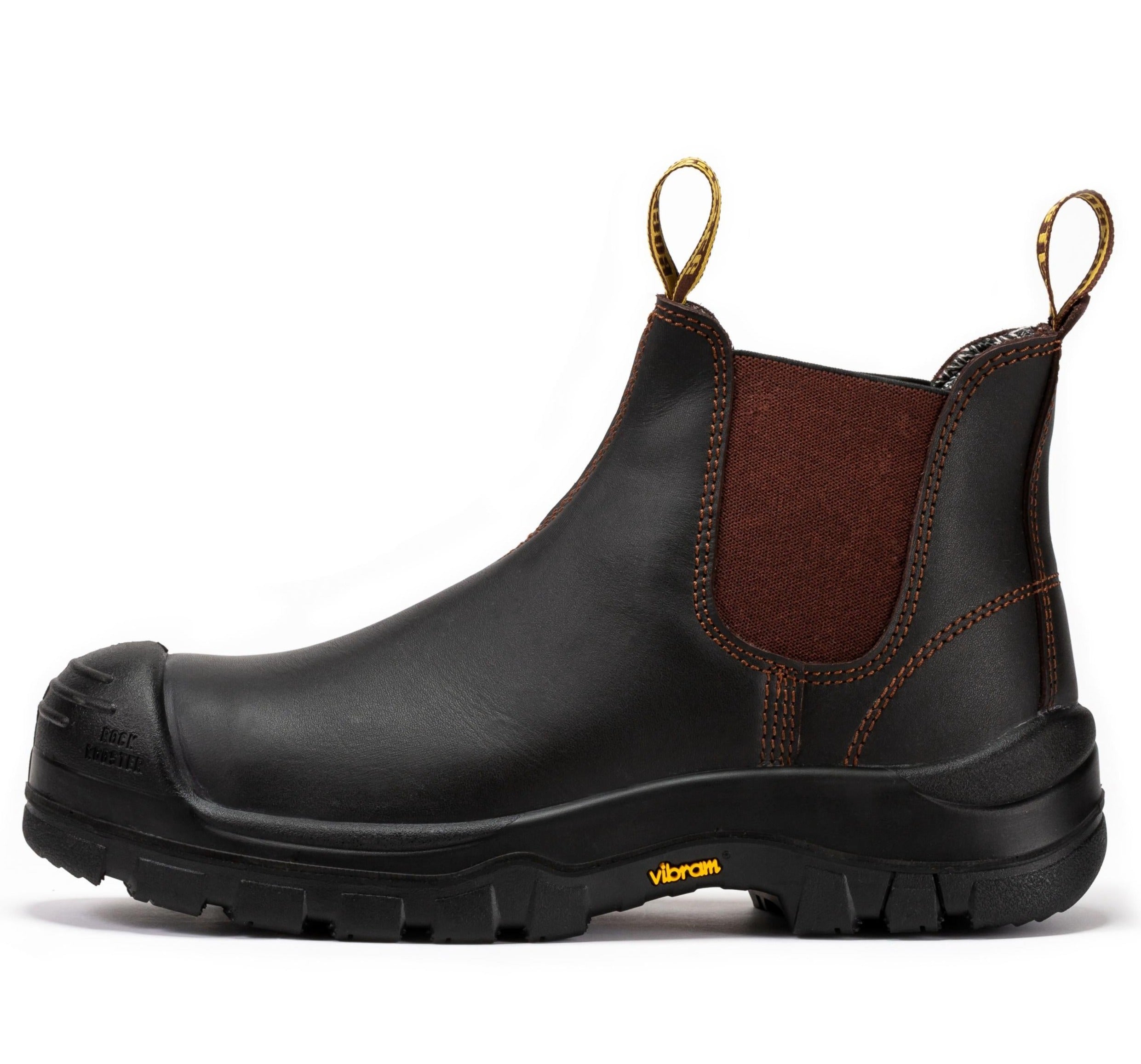 Dark brown RockRooster Beaufort men's 6-inch composite toe leather work boots with pull-on design.