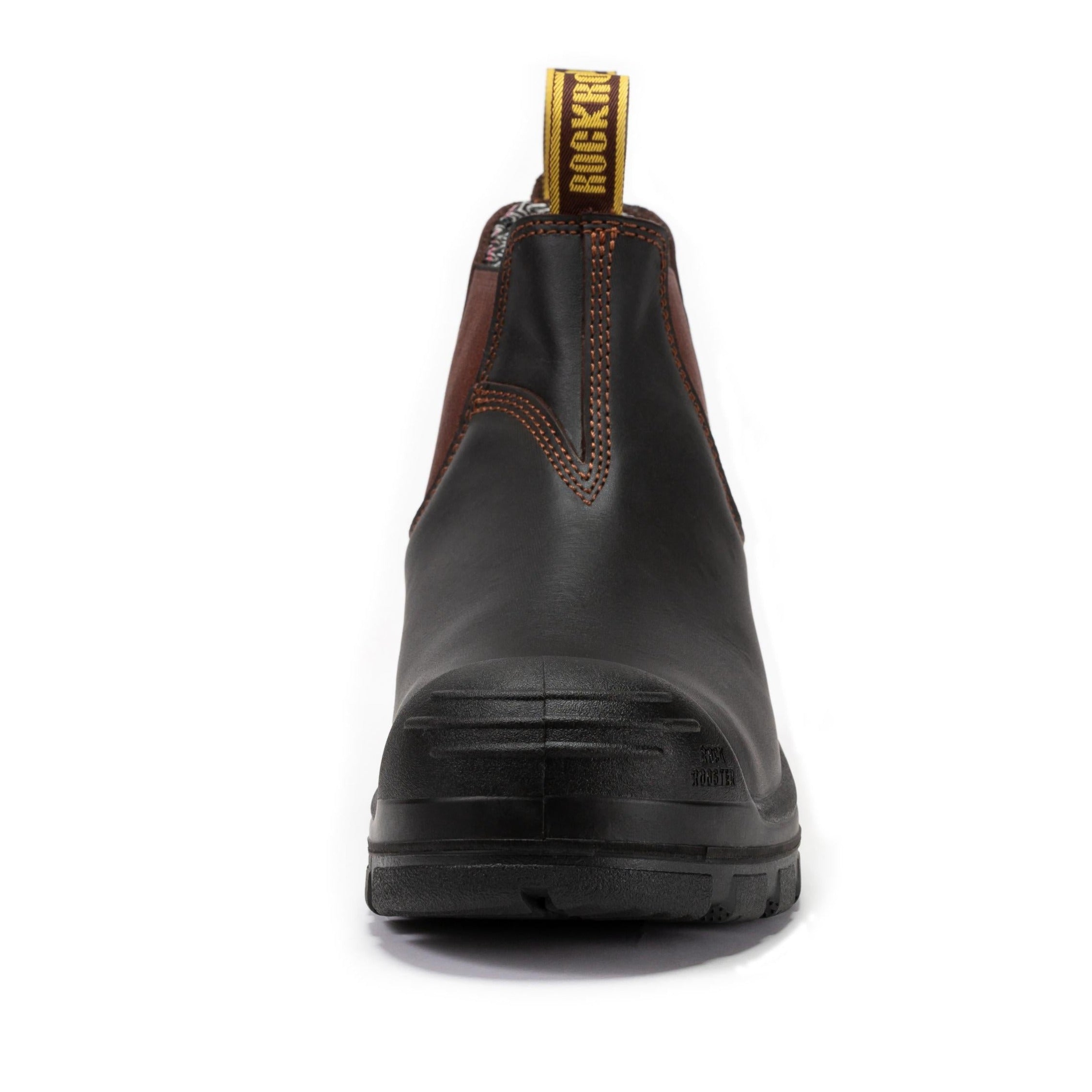 Dark brown ROCKROOSTER Beaufort men's 6-inch composite toe leather work boots with pull-on design.