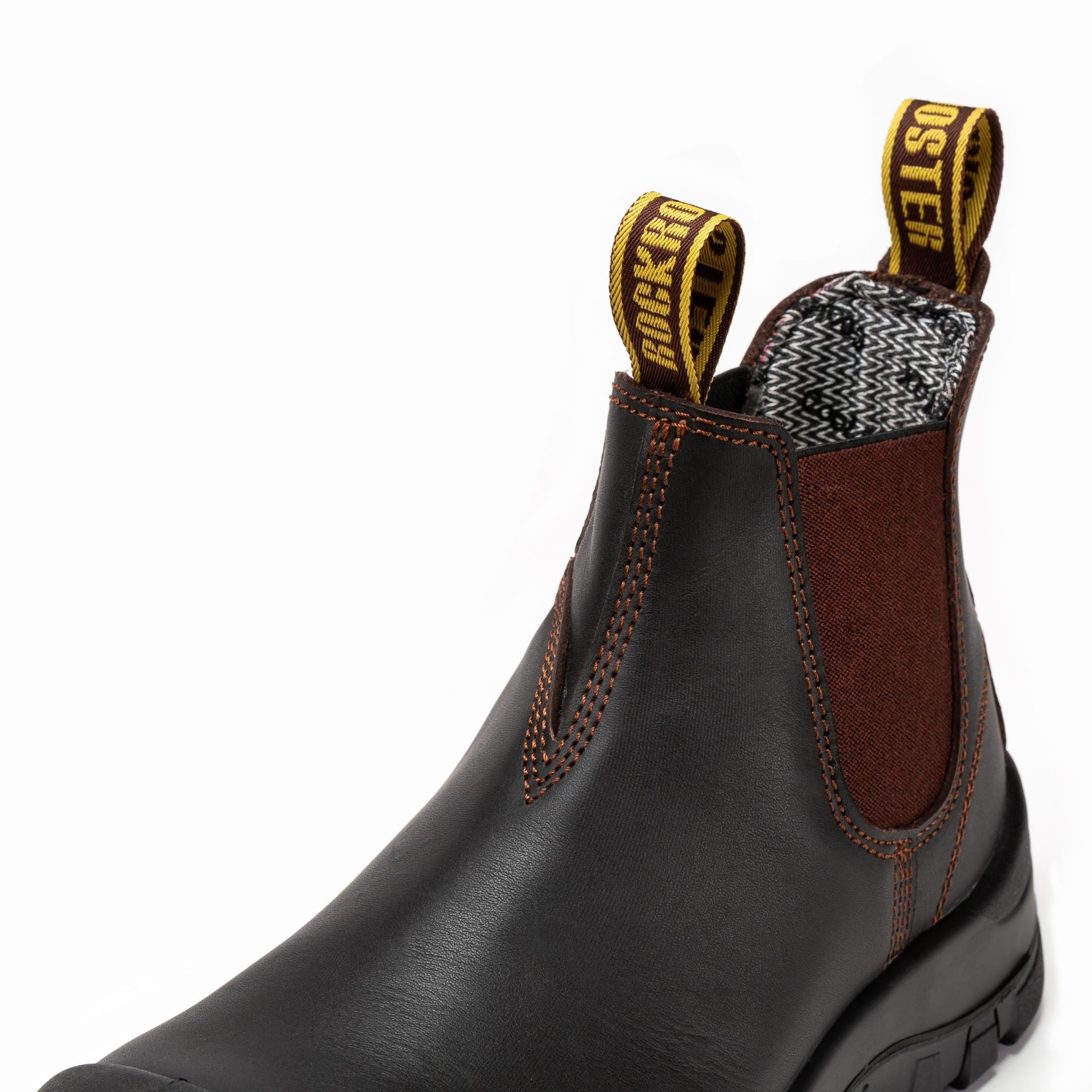 Dark brown Rock Rooster Beaufort men's 6-inch composite toe leather work boots with pull-on design and sturdy construction.