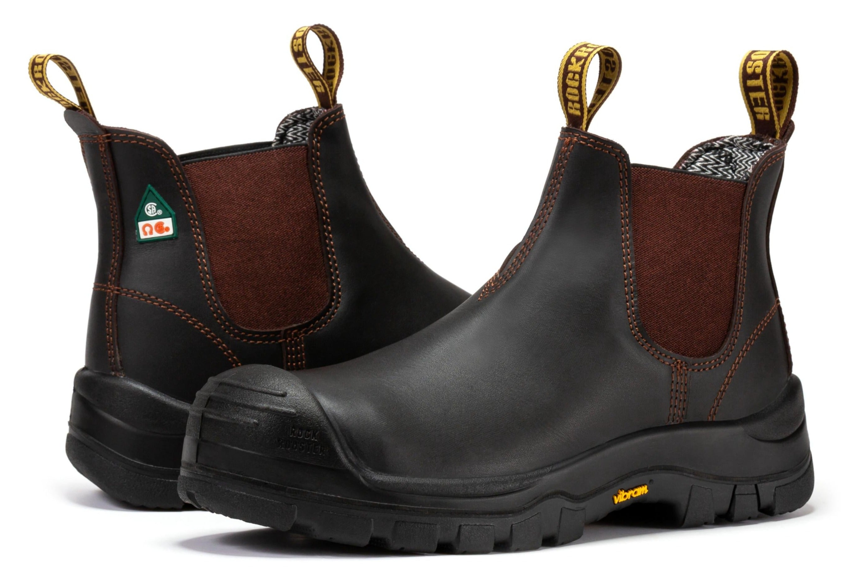 Dark brown ROCKROOSTER Beaufort men's 6-inch composite toe leather work boots with pull-on design and sturdy construction.