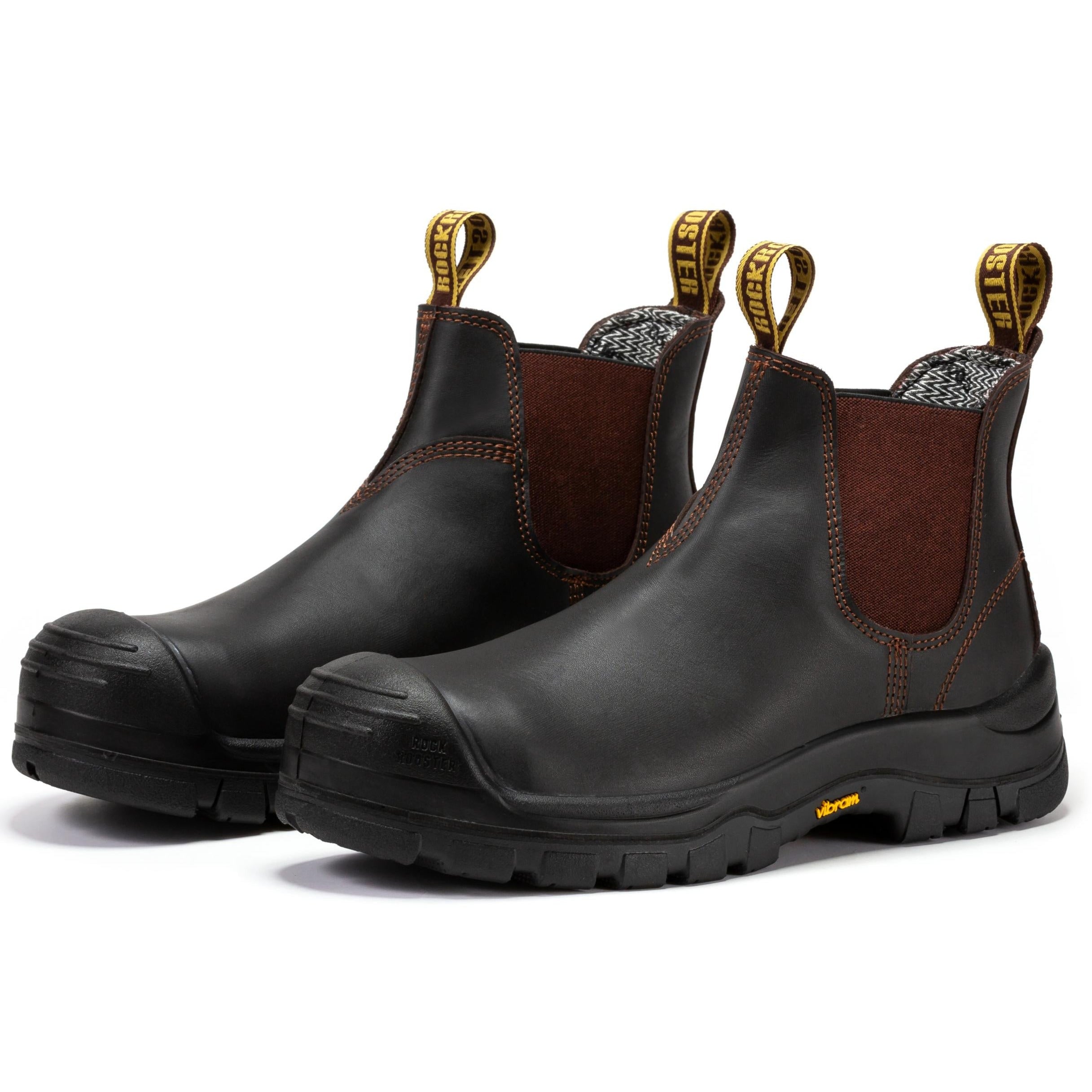 Dark brown Rock Rooster Beaufort men's 6-inch composite toe leather work boots, pull-on style with sturdy construction.