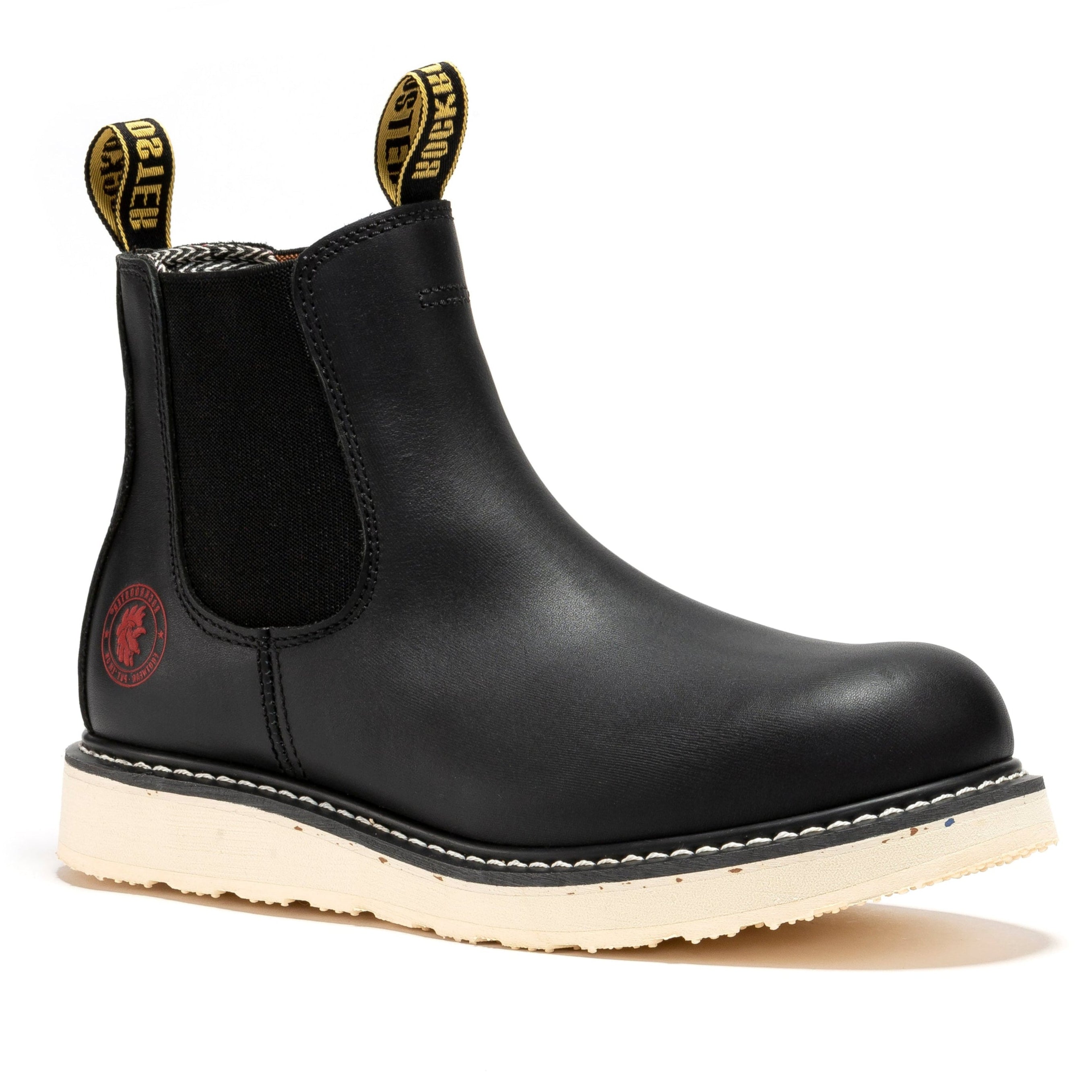 Rockrooster Capitola men's 6-inch black steel toe wedge work boots with rugged design and sturdy sole.