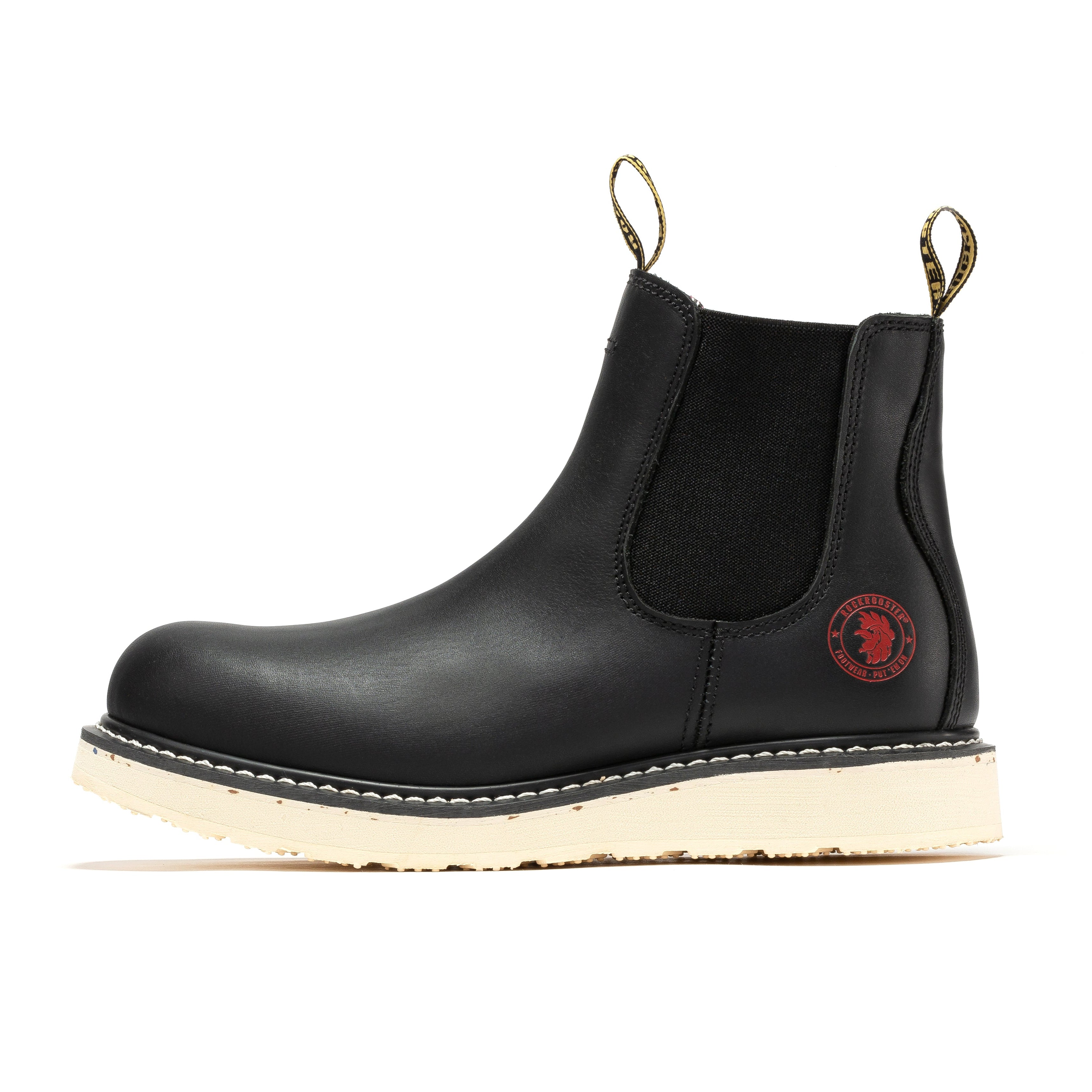 Rockrooster Capitola men's 6-inch black steel toe work boots with wedge sole, sturdy leather construction and reinforced toe area.