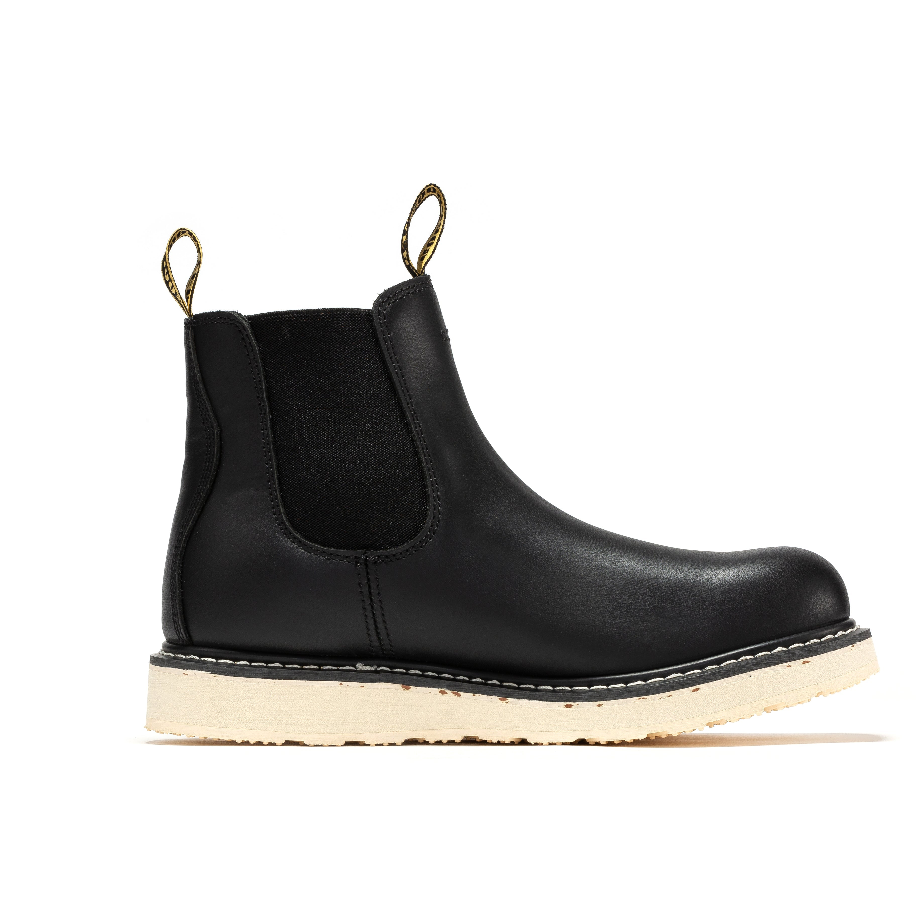 Rockrooster Capitola men's 6-inch black steel toe wedge work boots, sturdy leather construction with rugged outsole.