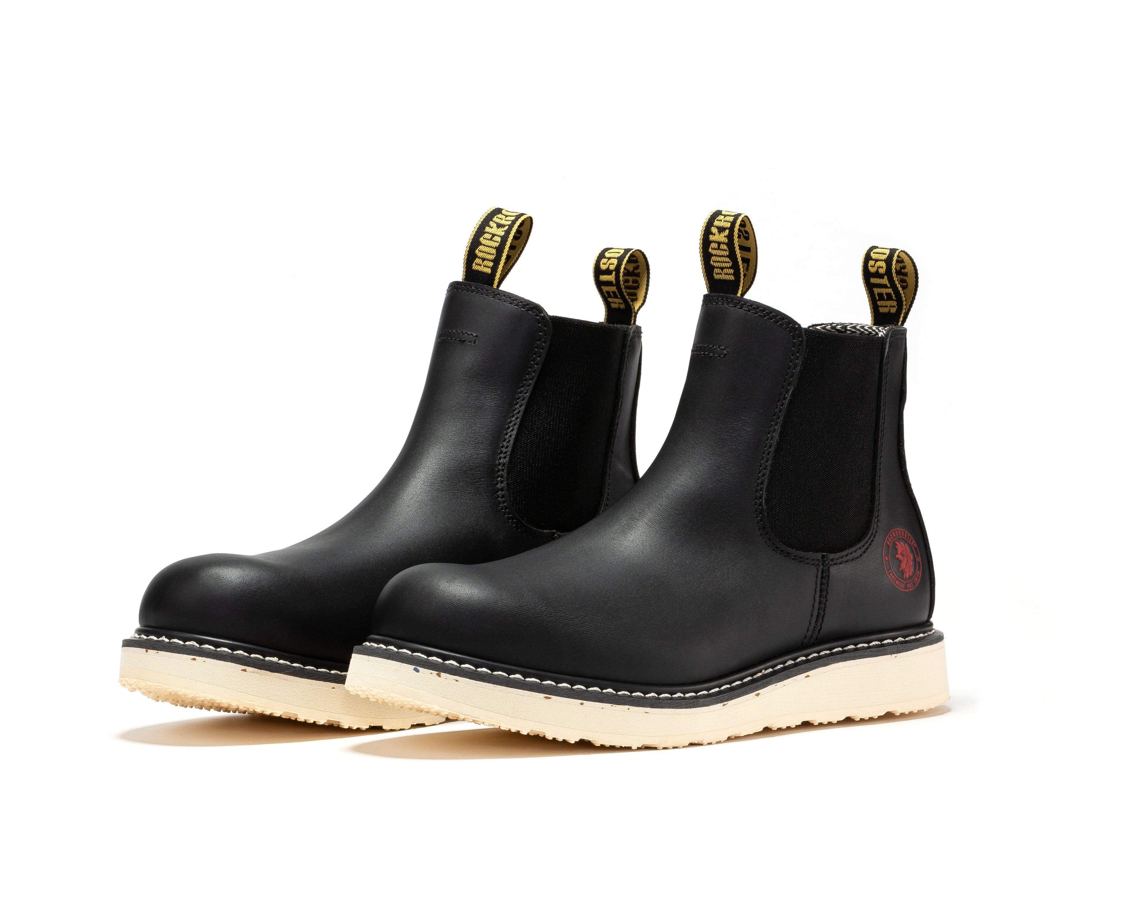 Rockrooster Capitola men's 6-inch black steel toe wedge work boots with rugged leather and sturdy sole.