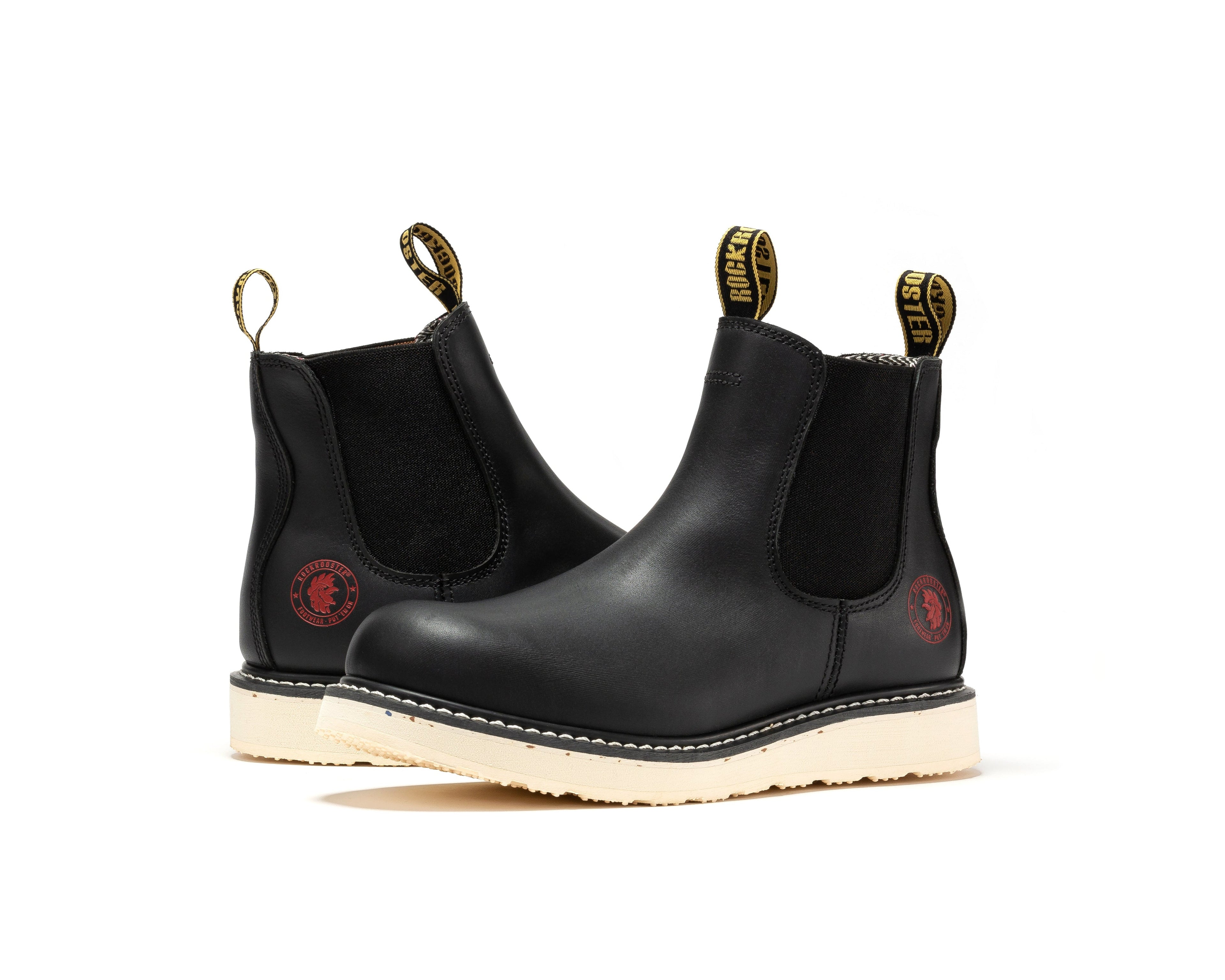 Rockrooster Capitola men's 6-inch black steel toe wedge work boots, sturdy leather work footwear with reinforced toe protection.