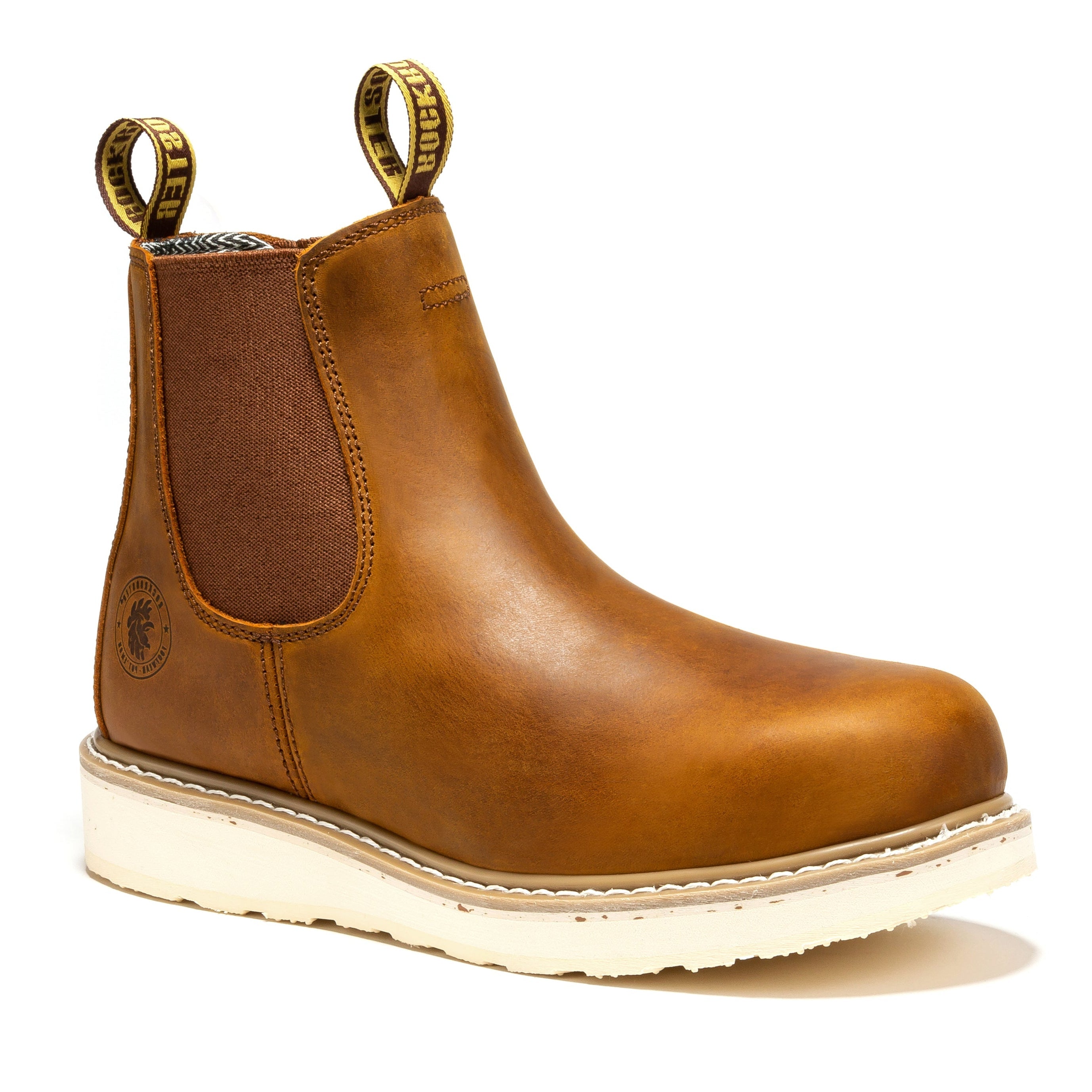Rock Rooster Capitola men's 6-inch brown wedge work boots with sturdy leather construction and rugged outsole.