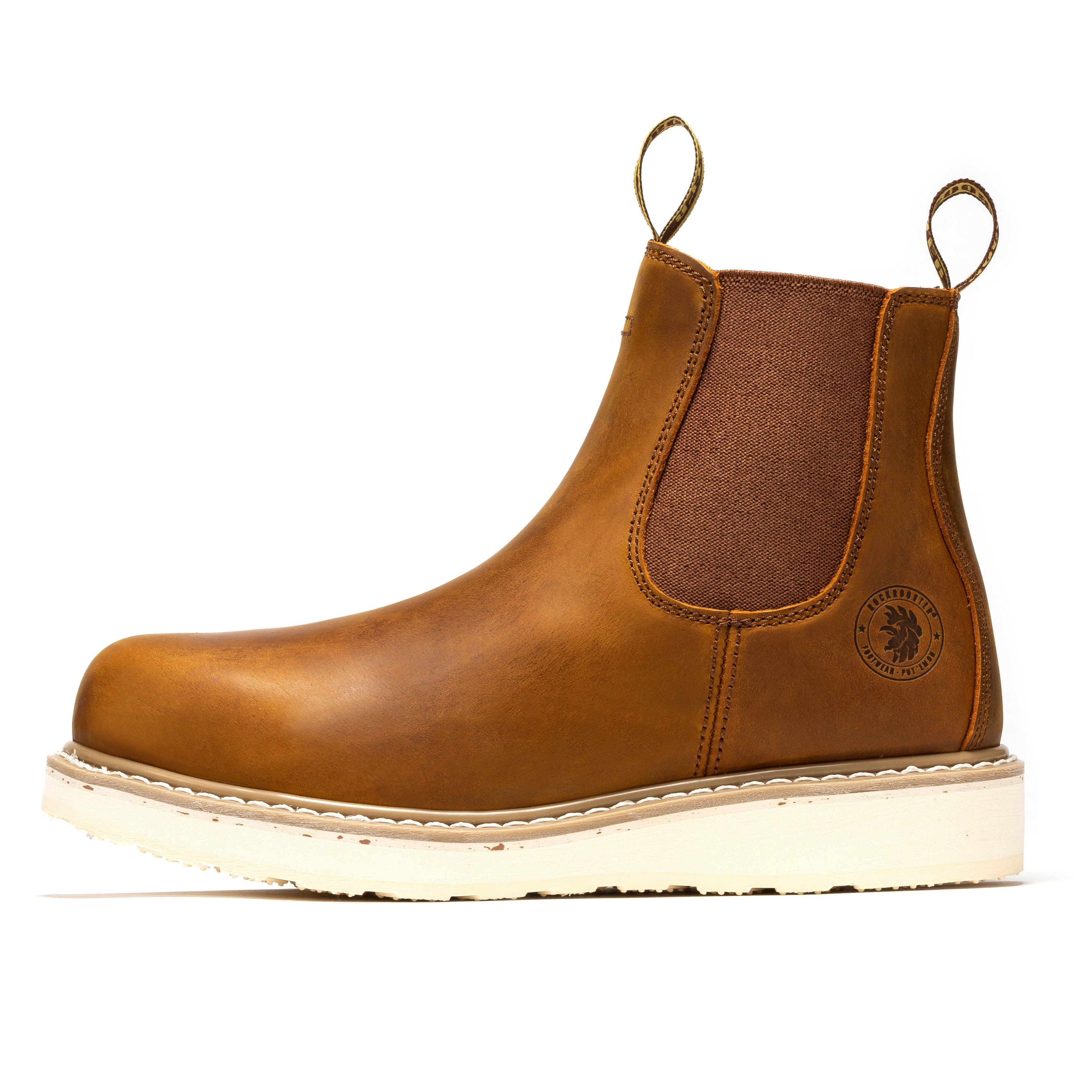 Rock Rooster Capitola men's 6-inch brown wedge work boots with sturdy leather construction and rugged outsole.