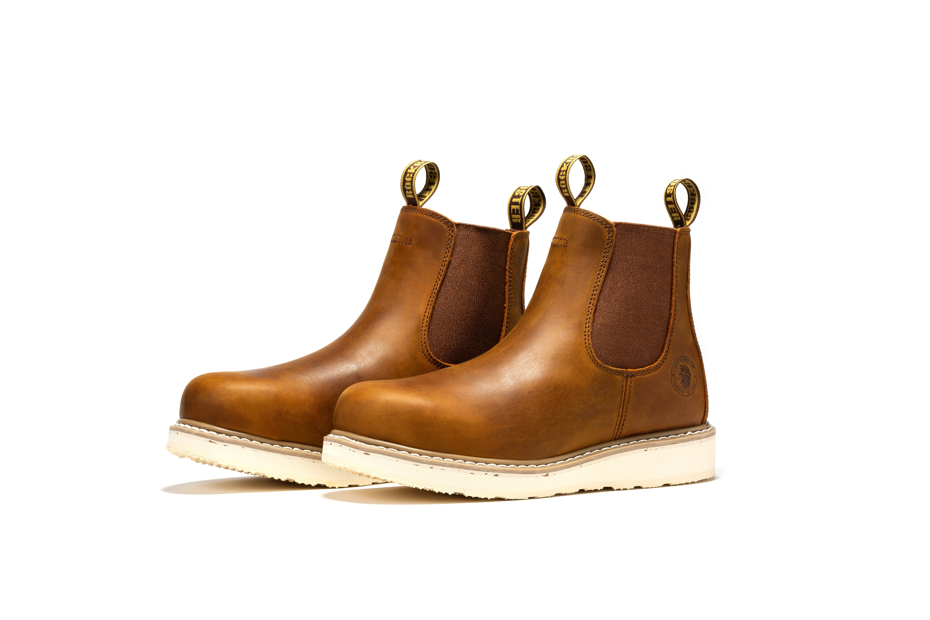 Rock Rooster Capitola men's 6-inch brown wedge work boots with sturdy leather and rugged sole for durability.