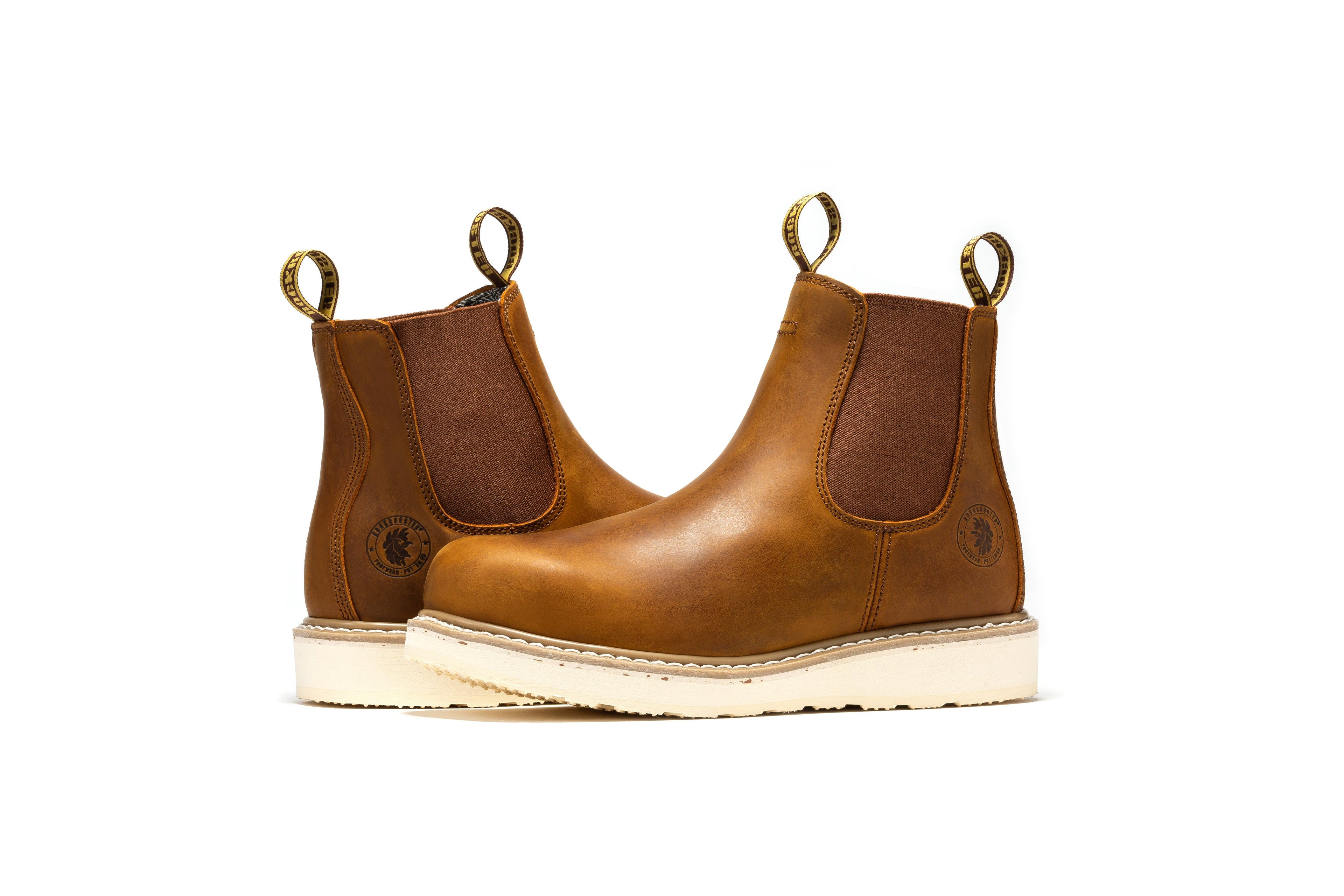 Rock Rooster Capitola men's 6-inch brown wedge work boots with sturdy leather uppers and rugged outsole for durability.