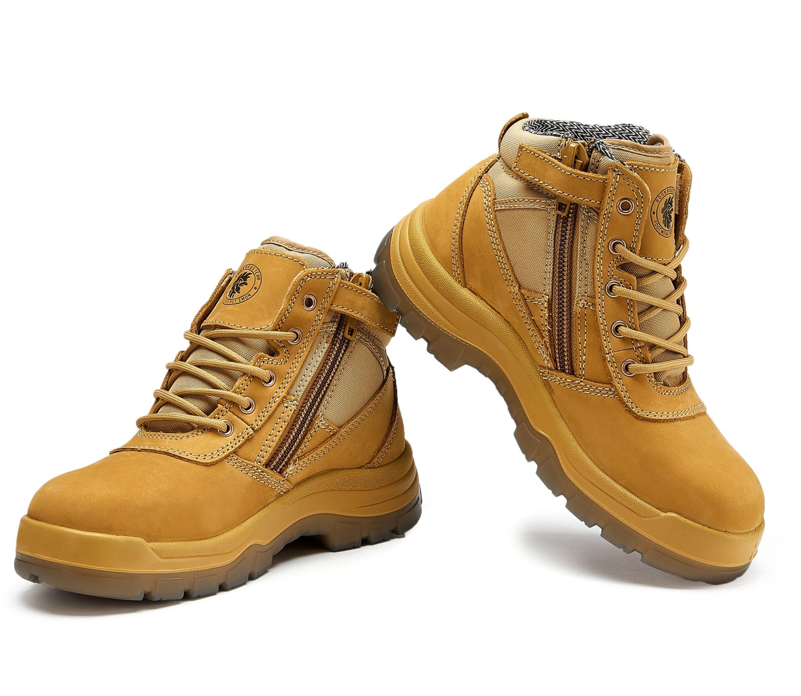 Rock Rooster Cortez Tan 6-inch zip-sided steel-toe leather work boots with rugged design and sturdy construction.