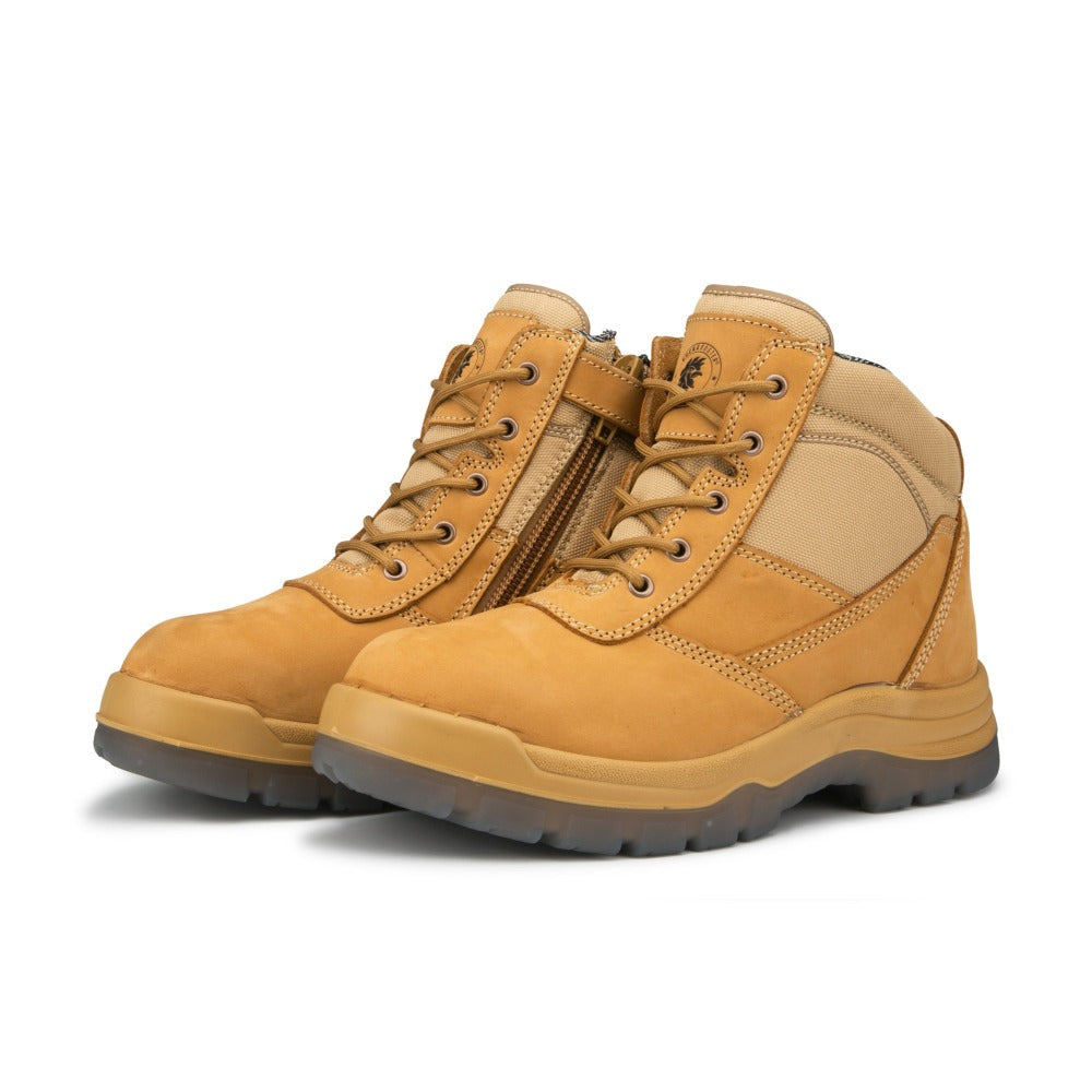 Rockrooster Cortez Tan 6-Inch Zip-Sided Steel Toecap Leather Work Boots showing leather surface and zip closure