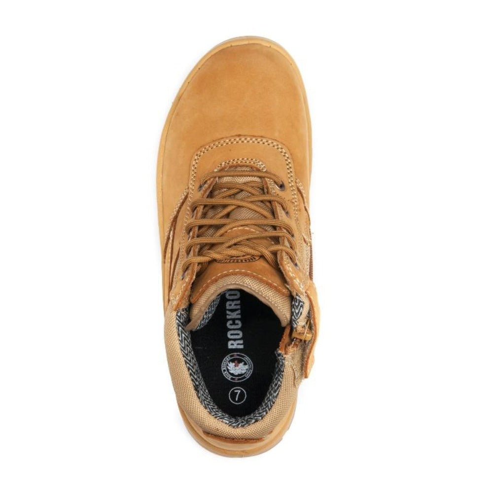Rockrooster Cortez Tan 6-inch work boots with steel toe caps and zip sides, made of durable leather for safety and comfort.