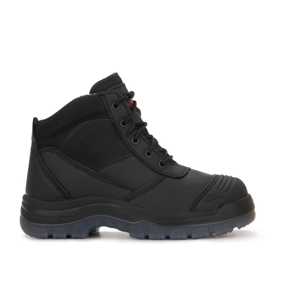 RockROOSTER Crisson Black 6-inch zip-sided steel toe leather work boots, durable and rugged for heavy-duty work.