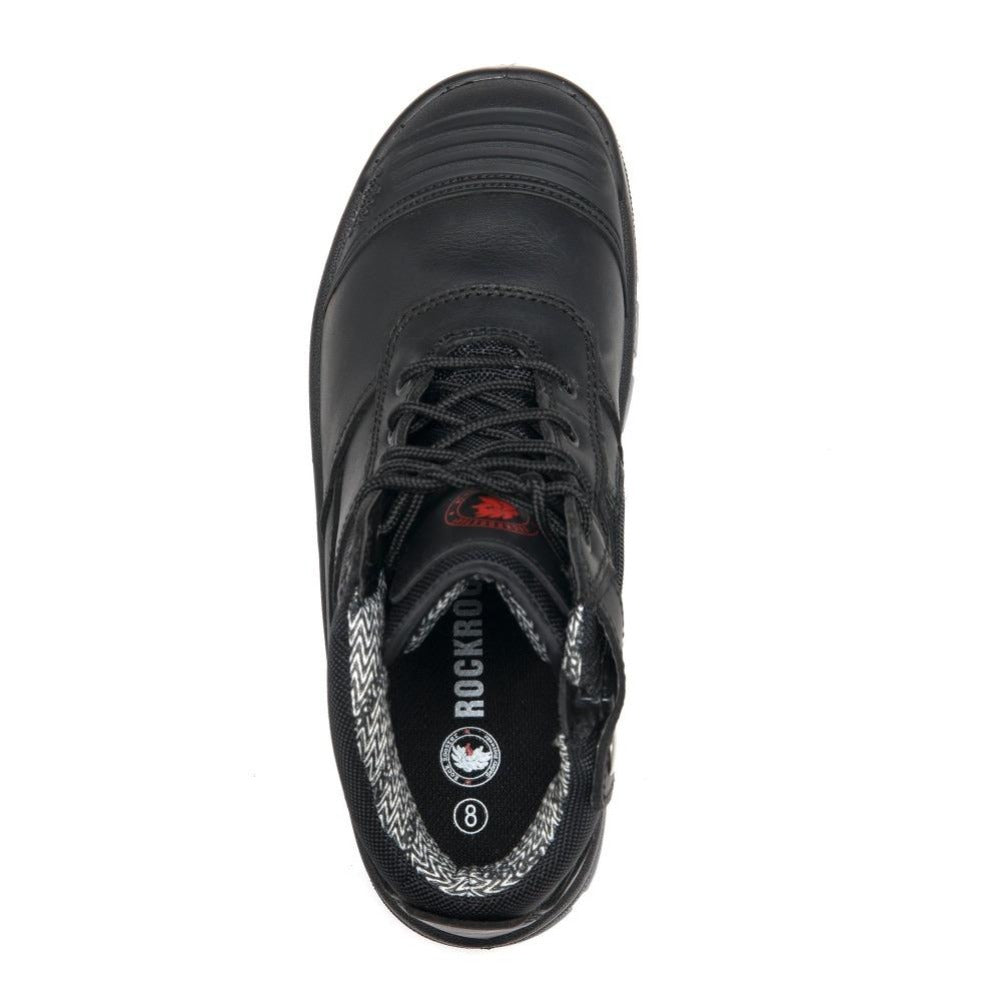 Rockrooster Crisson Black 6-inch zip-sided steel toe leather work boots with rugged design and sturdy construction.