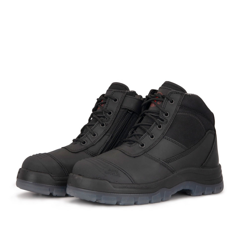 Rock Rooster Crisson Black 6-inch zip-sided steel toe leather work boots for durability and safety in tough work environments.