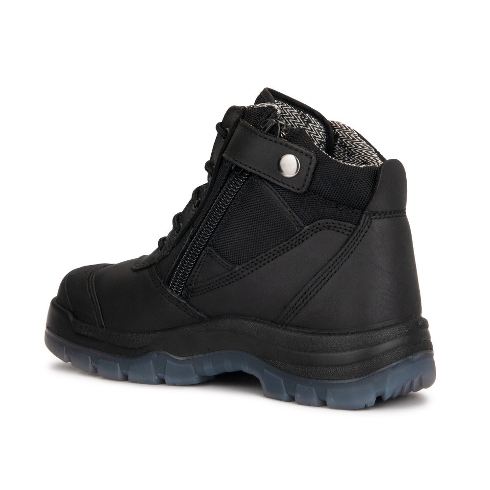 RockROOSTER Crisson Black 6-inch zip-sided steel toe leather work boots with durable construction and rugged design.